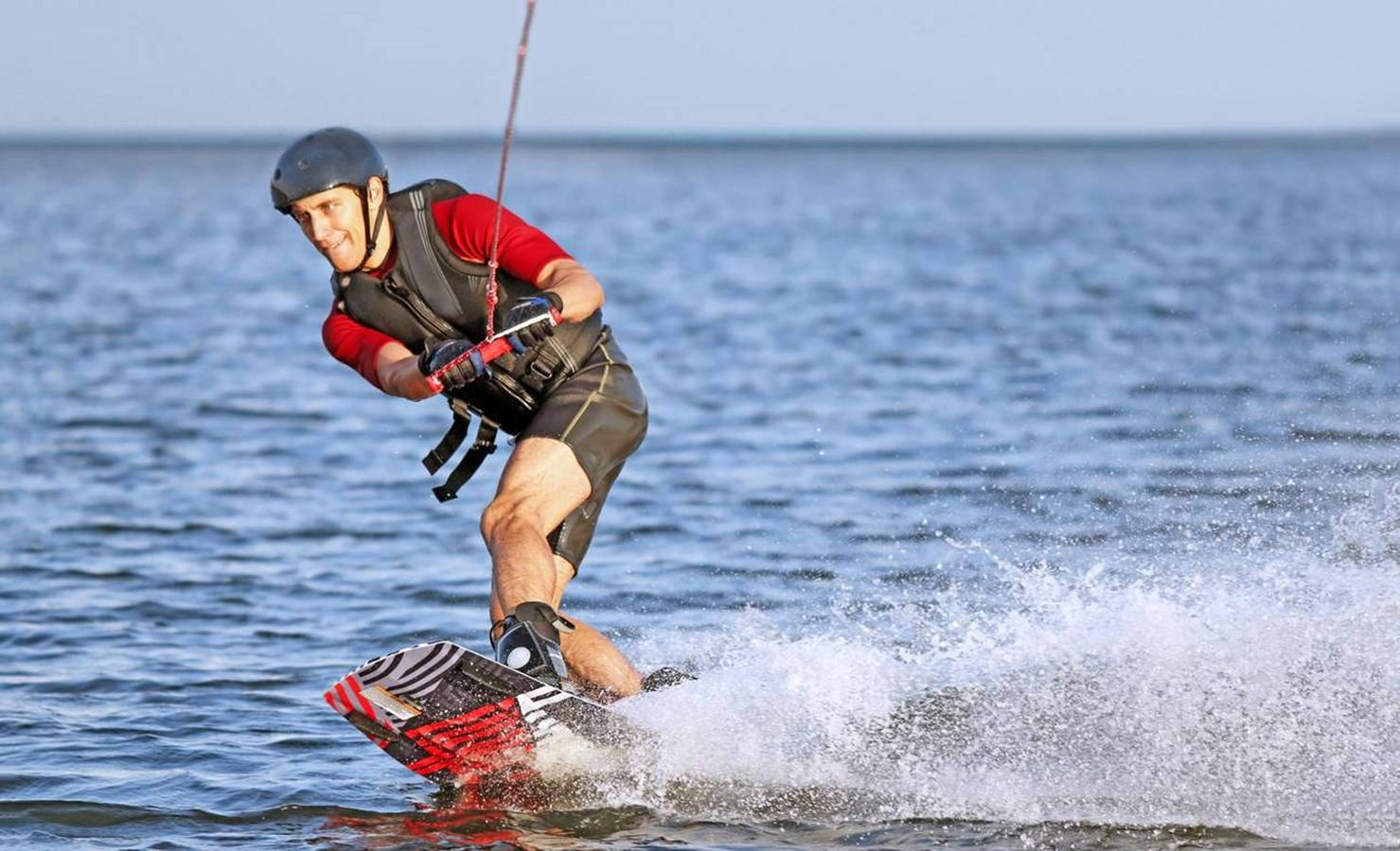 wakeboarding, calm blue lake, helmet, HD Desktop Wallpaper