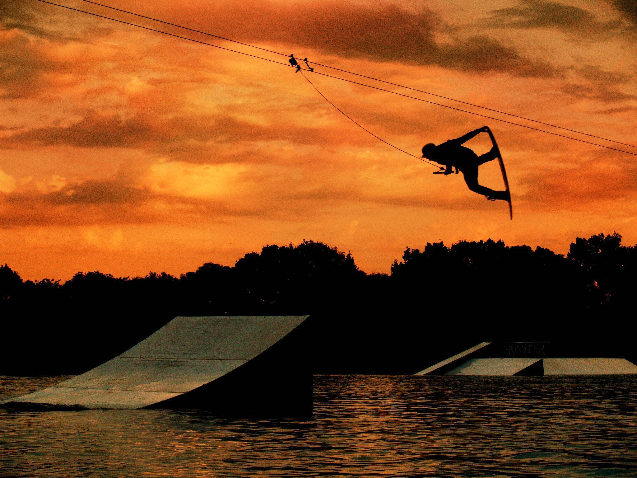 wakeboarding, mute grab trick, silhouette, Full HD Desktop Wallpaper
