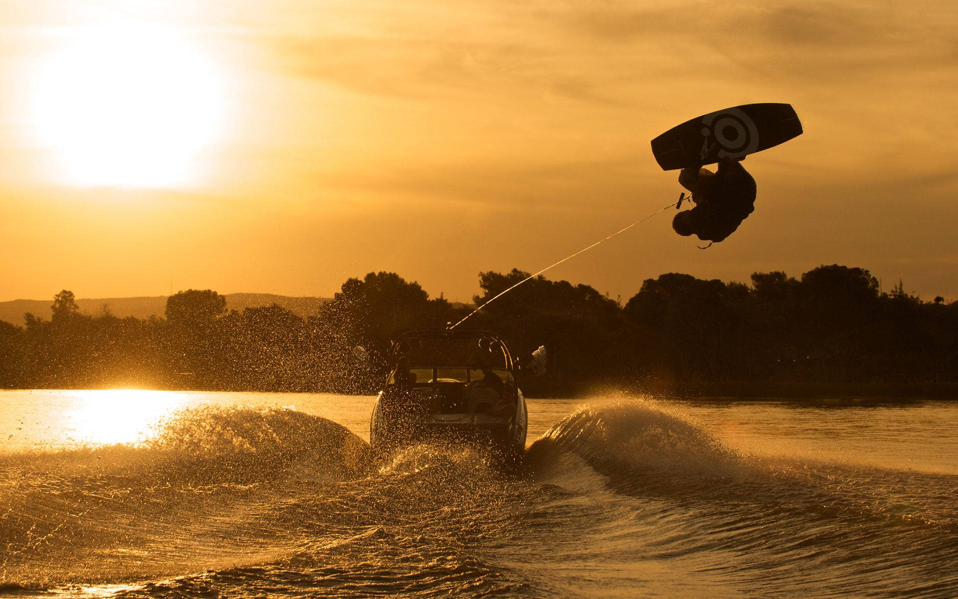 wakeboarding, front flip trick, silhouette, Full HD Desktop Wallpaper