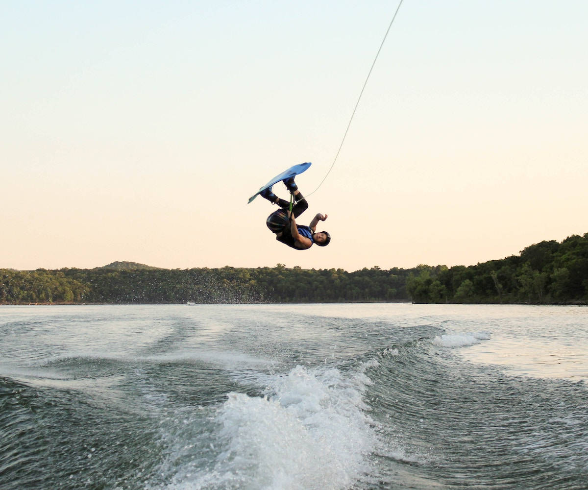 wakeboarder, aerial flip, lake, SD Desktop Wallpaper