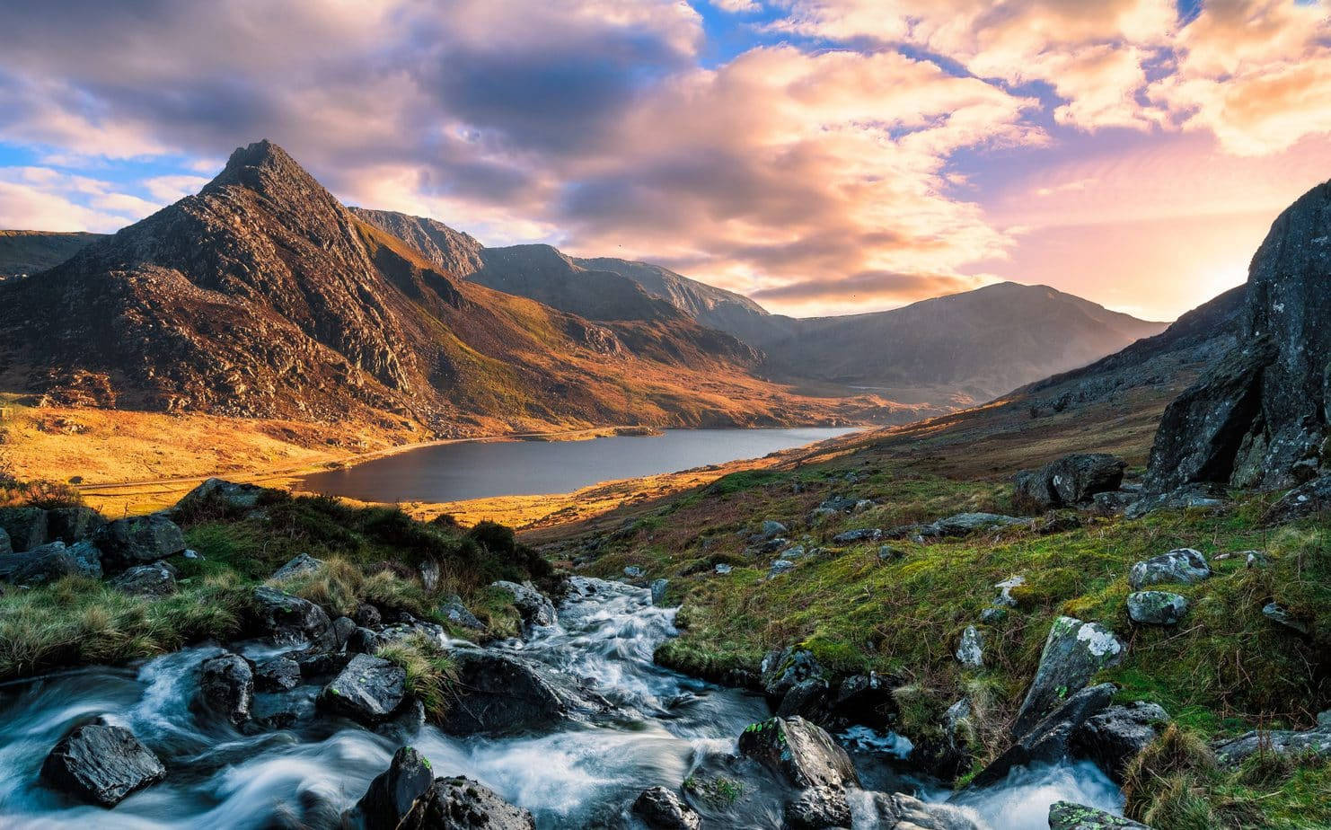 mountain stream, mountain lake, sunset, HD Desktop Wallpaper