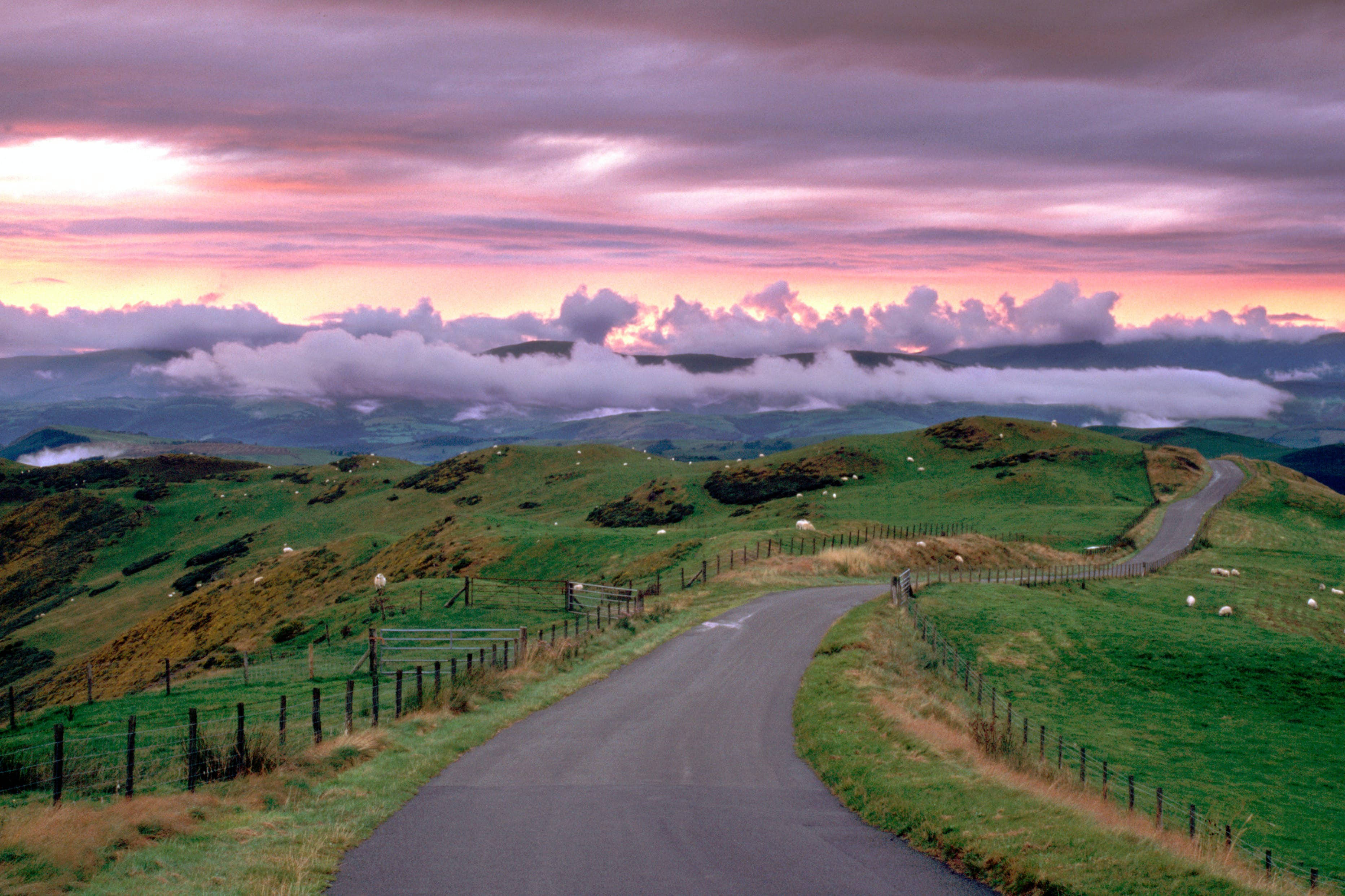 purple skies over wales, winding road, mountains, 2K Desktop Wallpaper