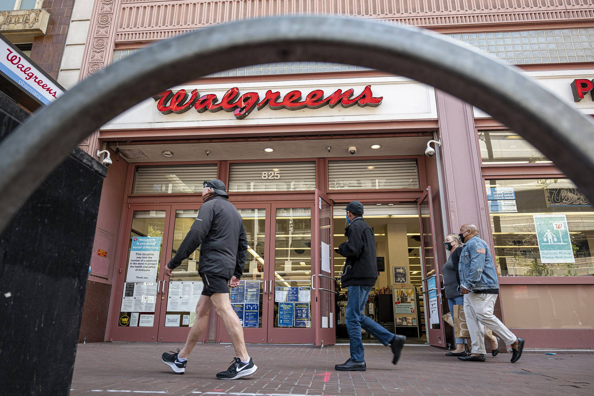 Walgreens, curved metal railing, city sidewalk, Full HD Desktop Wallpaper