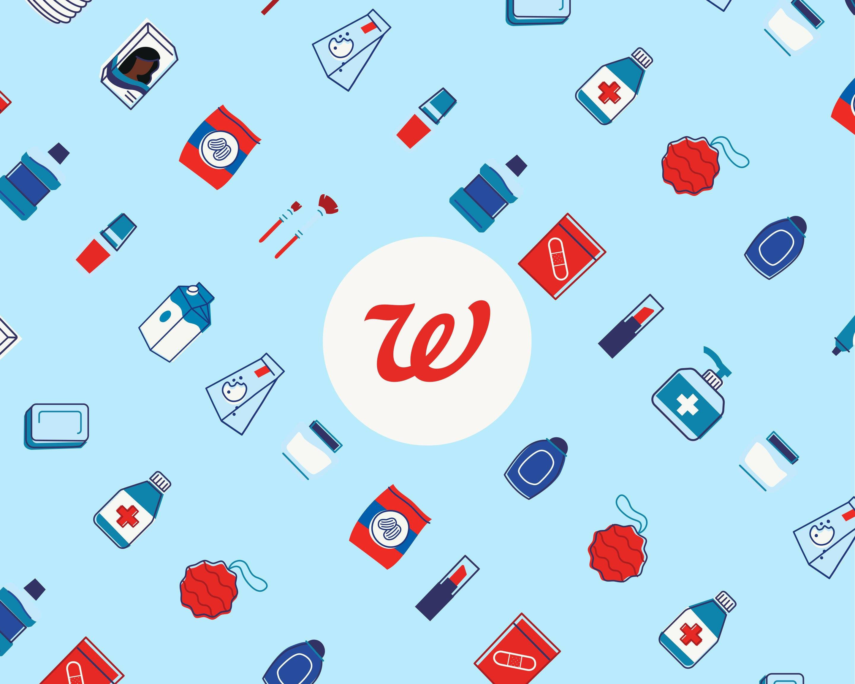 Walgreens, red Walgreens logo, light blue background, 2K Desktop Wallpaper