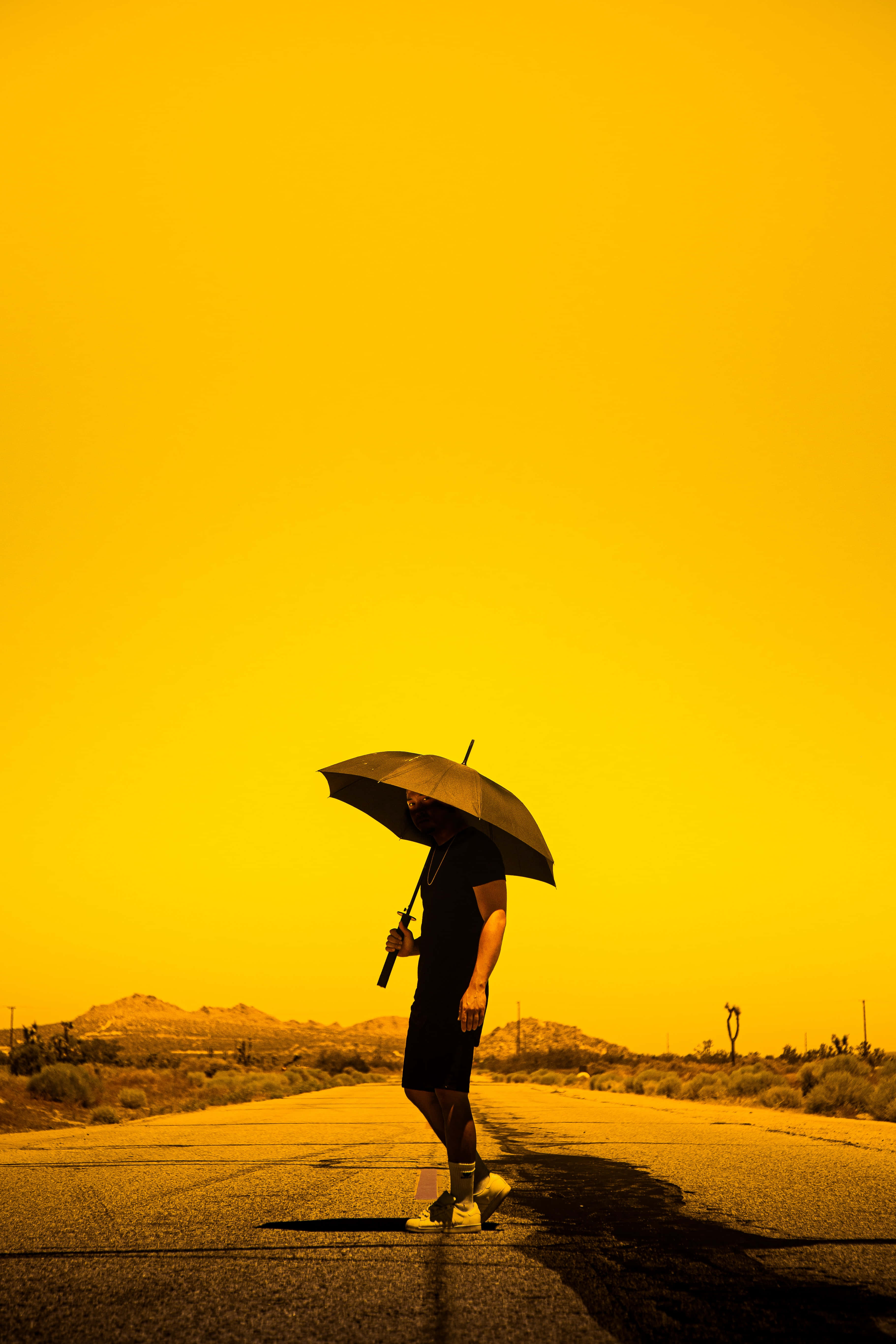 golden hued desert umbrella walk, desert road, blazing yellow sky, 5K Phone Wallpaper