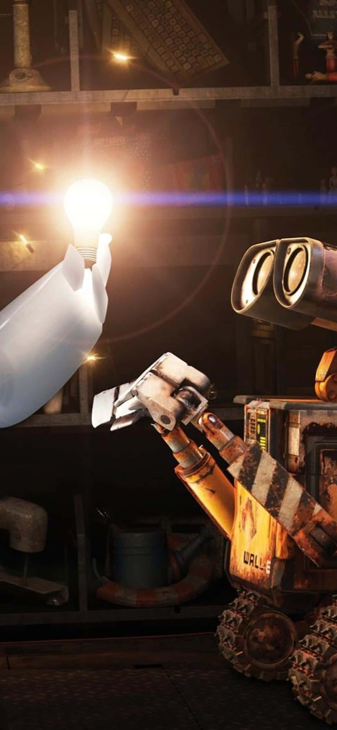 WALL-E, lightbulb, cluttered workshop, Full HD Phone Wallpaper