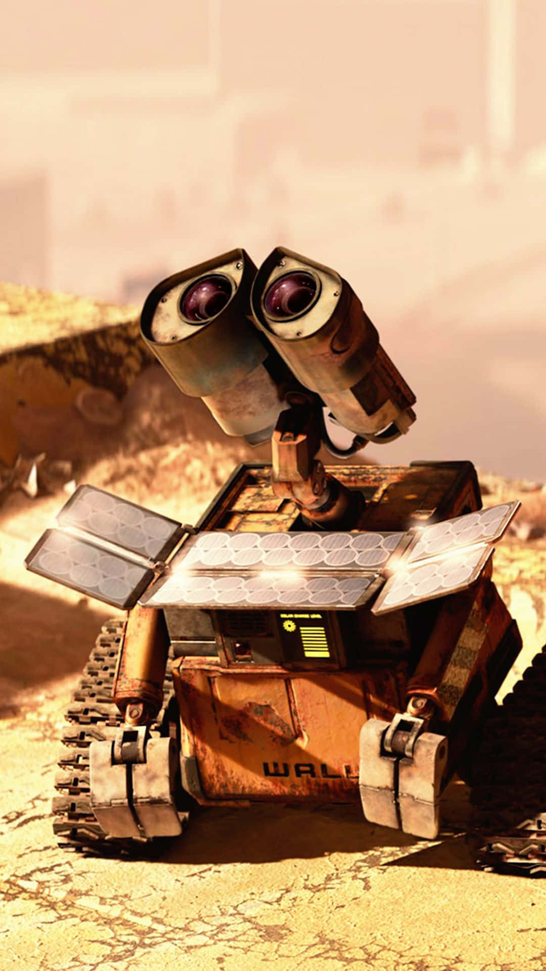 Wall-E, solar panels, cracked desert ground, Full HD Phone Wallpaper