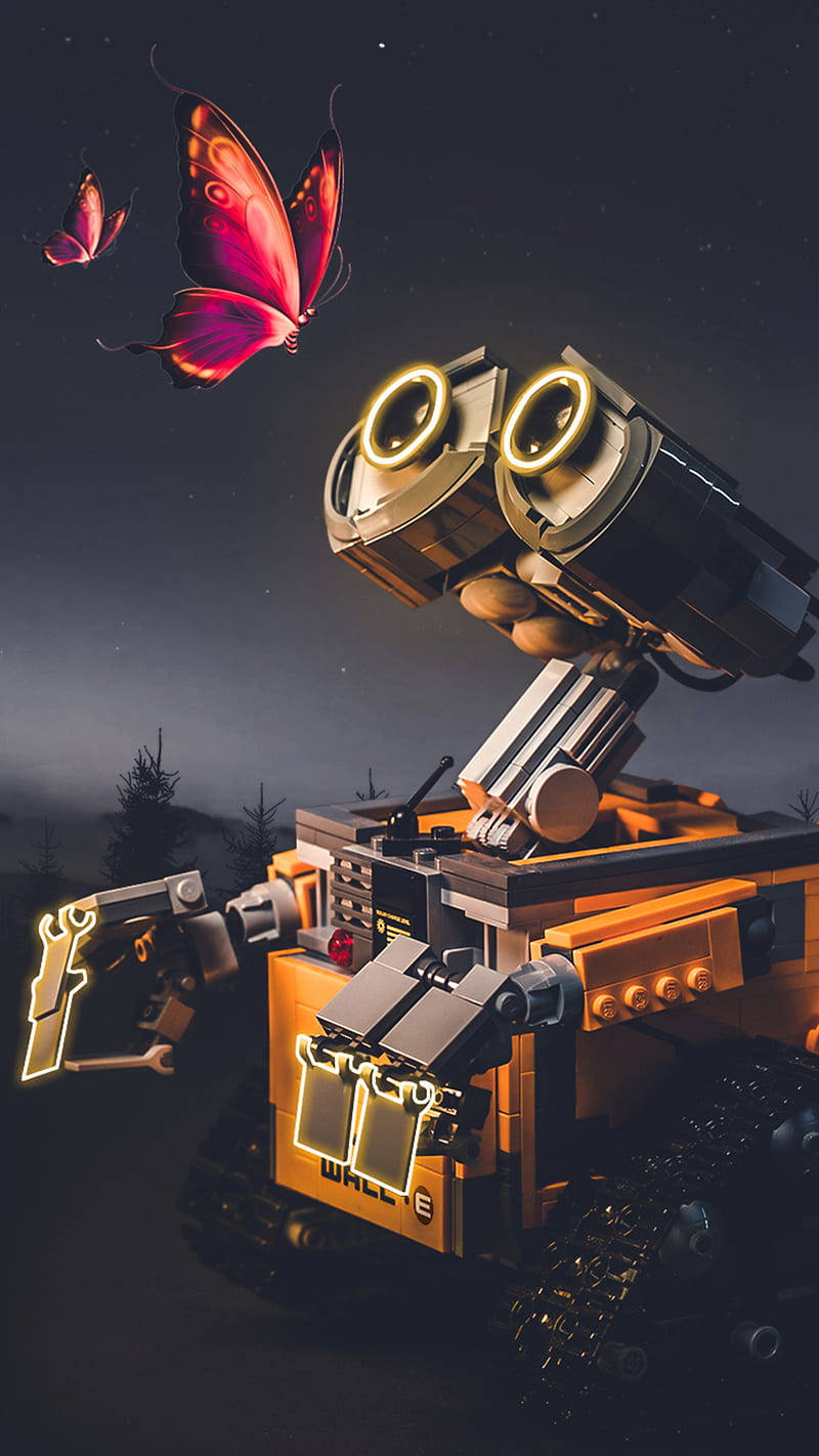 Wall E, red butterfly, glowing pink butterflies, HD Phone Wallpaper