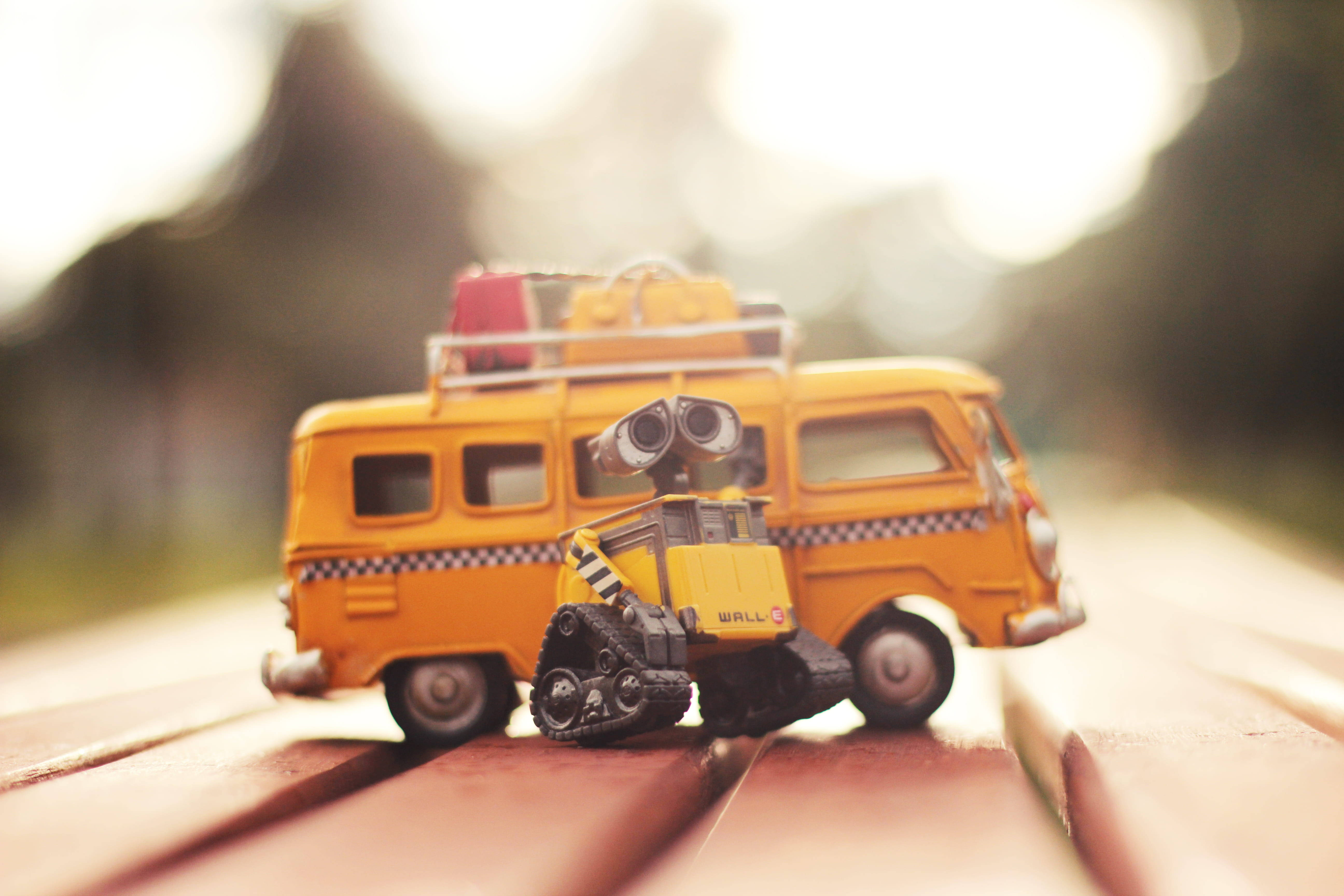 Wall-E, toy bus, yellow toy van, 5K Desktop Wallpaper