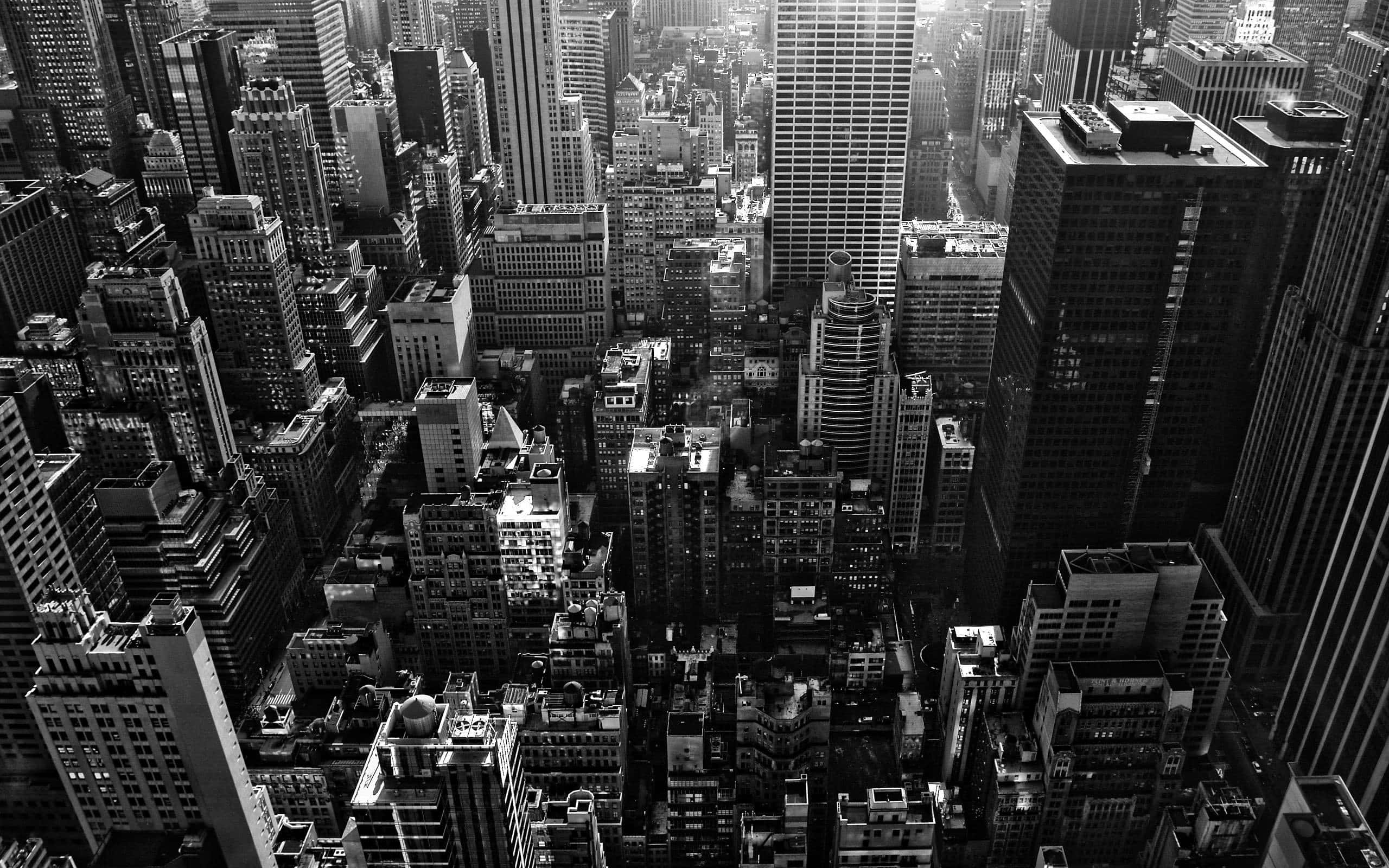 Wall Street, black and white photo, dense urban skyline, 2K Desktop Wallpaper