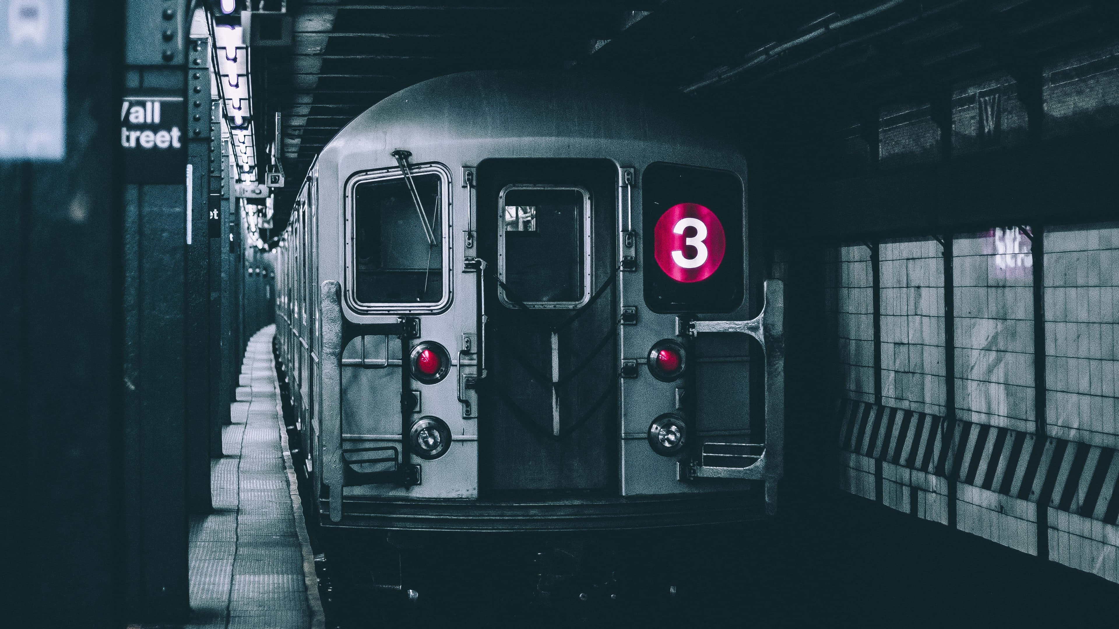 Wall Street, vintage subway train, glowing pink number 3 sign, 4K Desktop Wallpaper