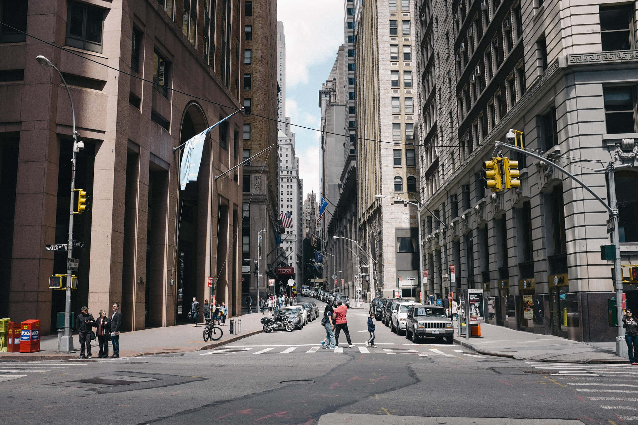 Wall Street, bustling city street, towering stone buildings, Full HD Desktop Wallpaper
