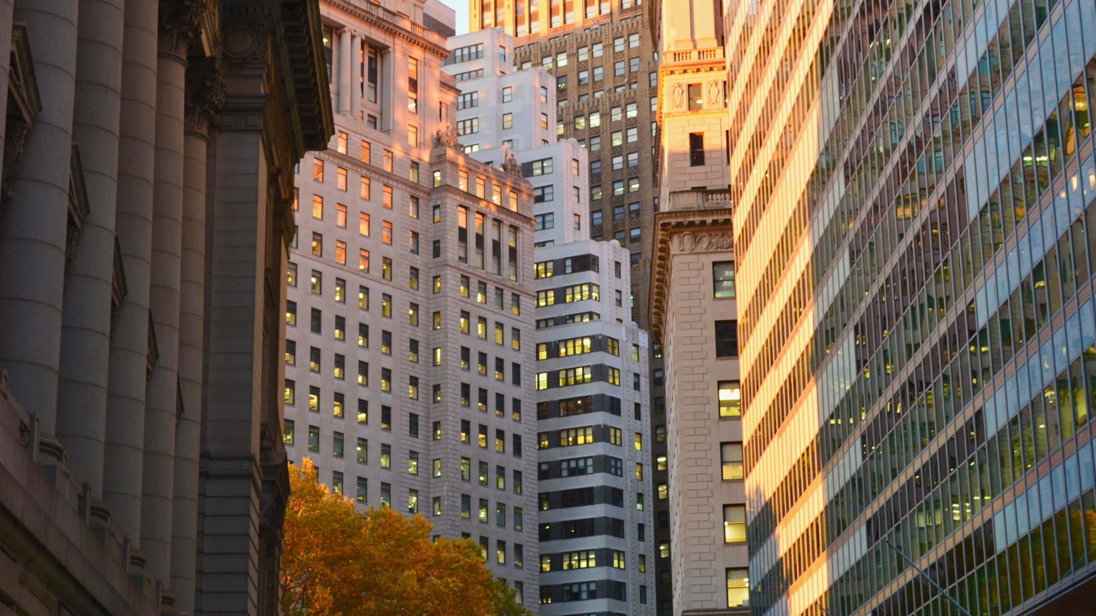 Wall Street, Golden sunset, Towering city skyscrapers, Full HD Desktop Wallpaper