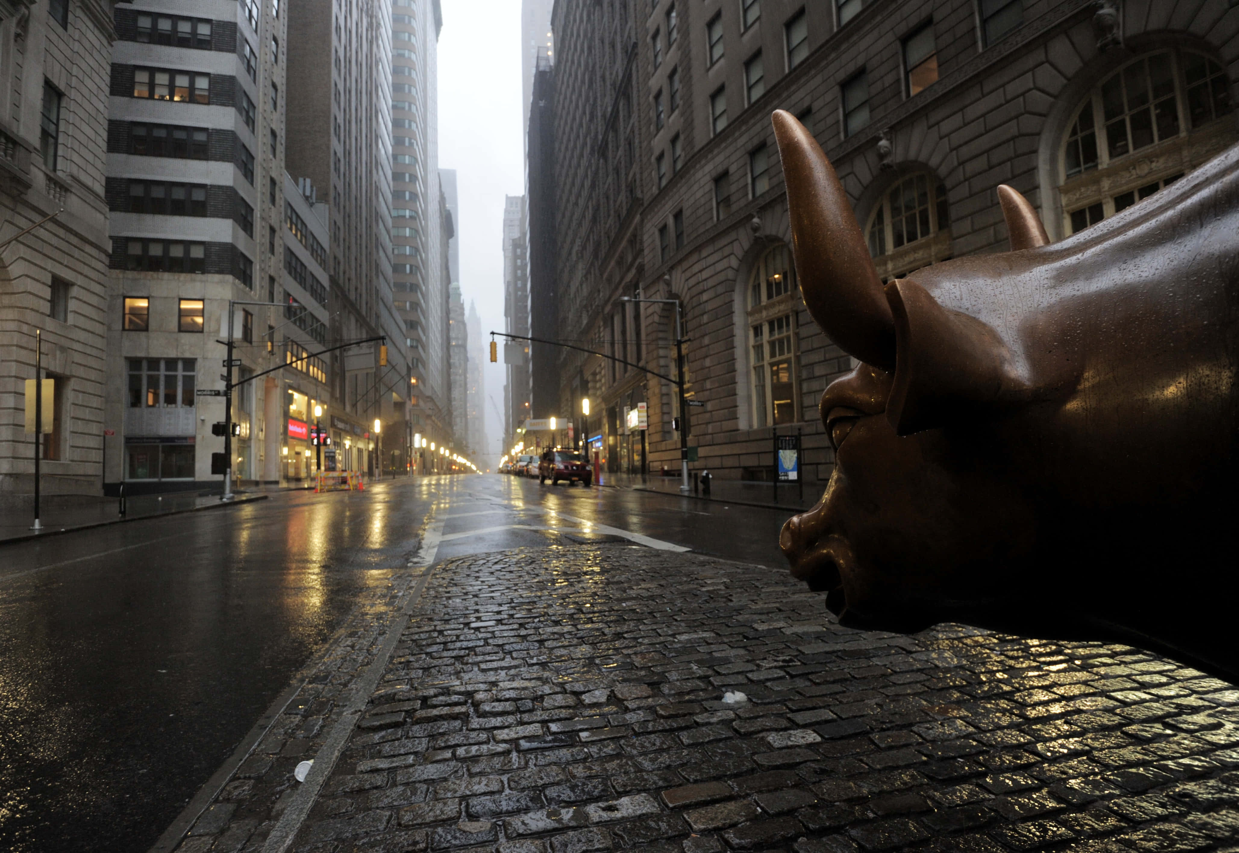 Wall Street, bronze bull statue, wet cobblestone street, 4K Desktop Wallpaper