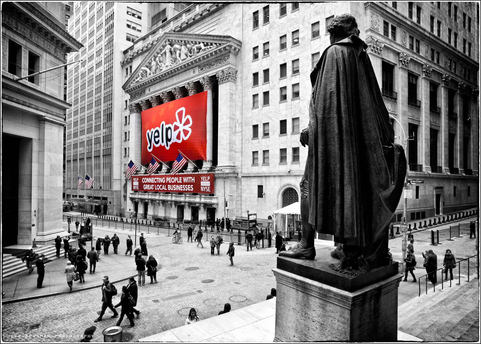 Wall Street, black and white cityscape, bold red Yelp billboard, HD Desktop Wallpaper