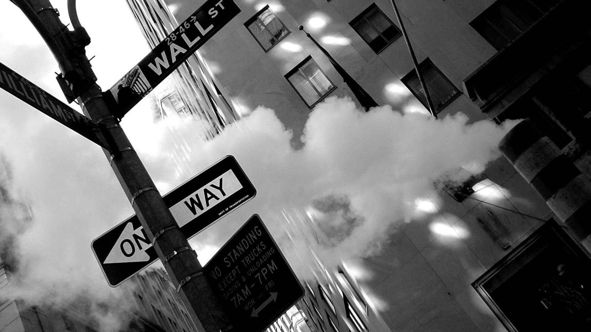 Wall Street, black and white, street sign, Full HD Desktop Wallpaper