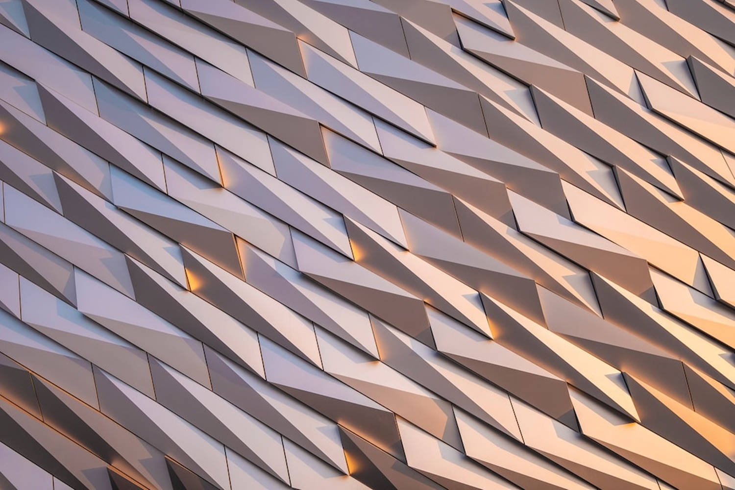 contemporary modern futuristic metallic wall design, geometric metallic panels, golden sunset light, HD Desktop Wallpaper