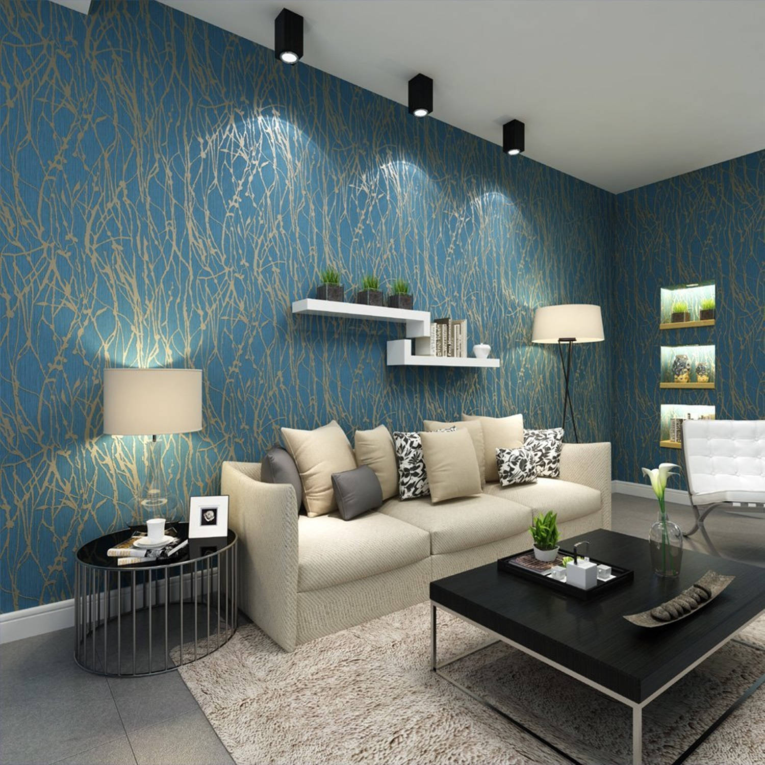 blue gold branch patterned wallpaper, beige sofa, black coffee table, HD Desktop Wallpaper