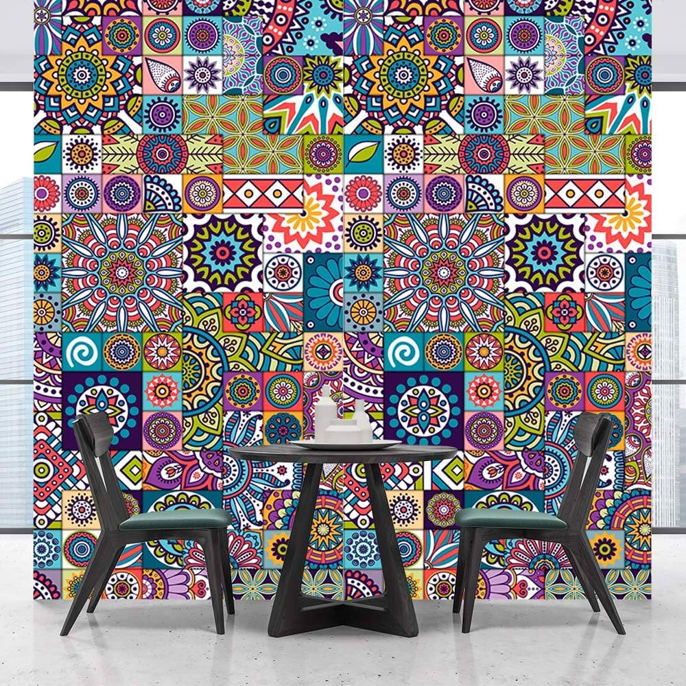 Azure Tile Mosaic, geometric mandala patterns, bold colors, SD Desktop Wallpaper