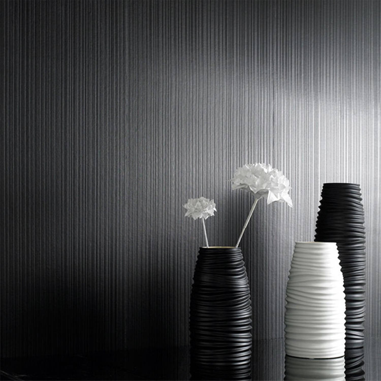contemporary modern striped fabric textured wall, textured metallic gray wall, black and white vases, HD Desktop Wallpaper