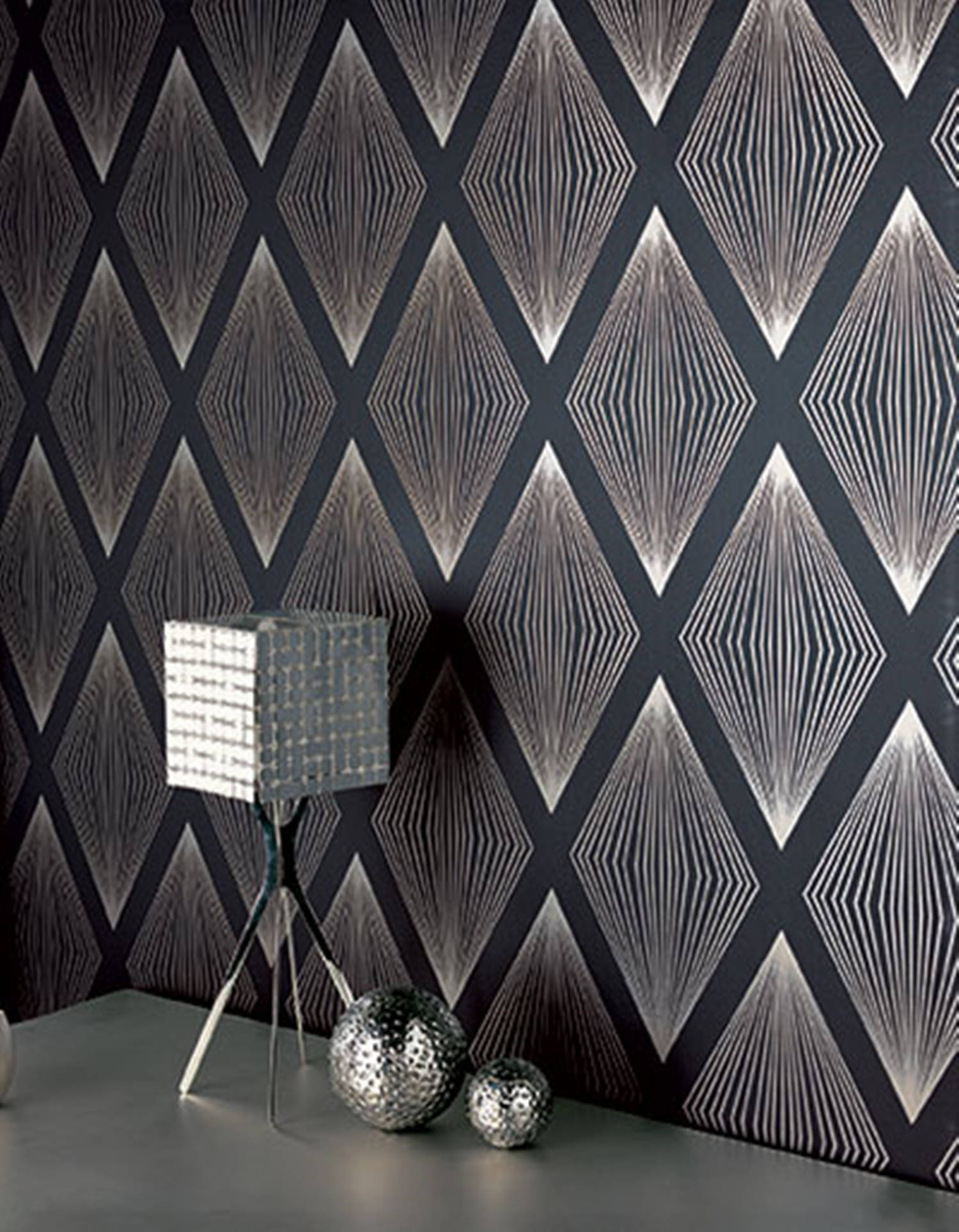 diamond-patterned wallpaper, metallic decor, cube lamp, Full HD Phone Wallpaper