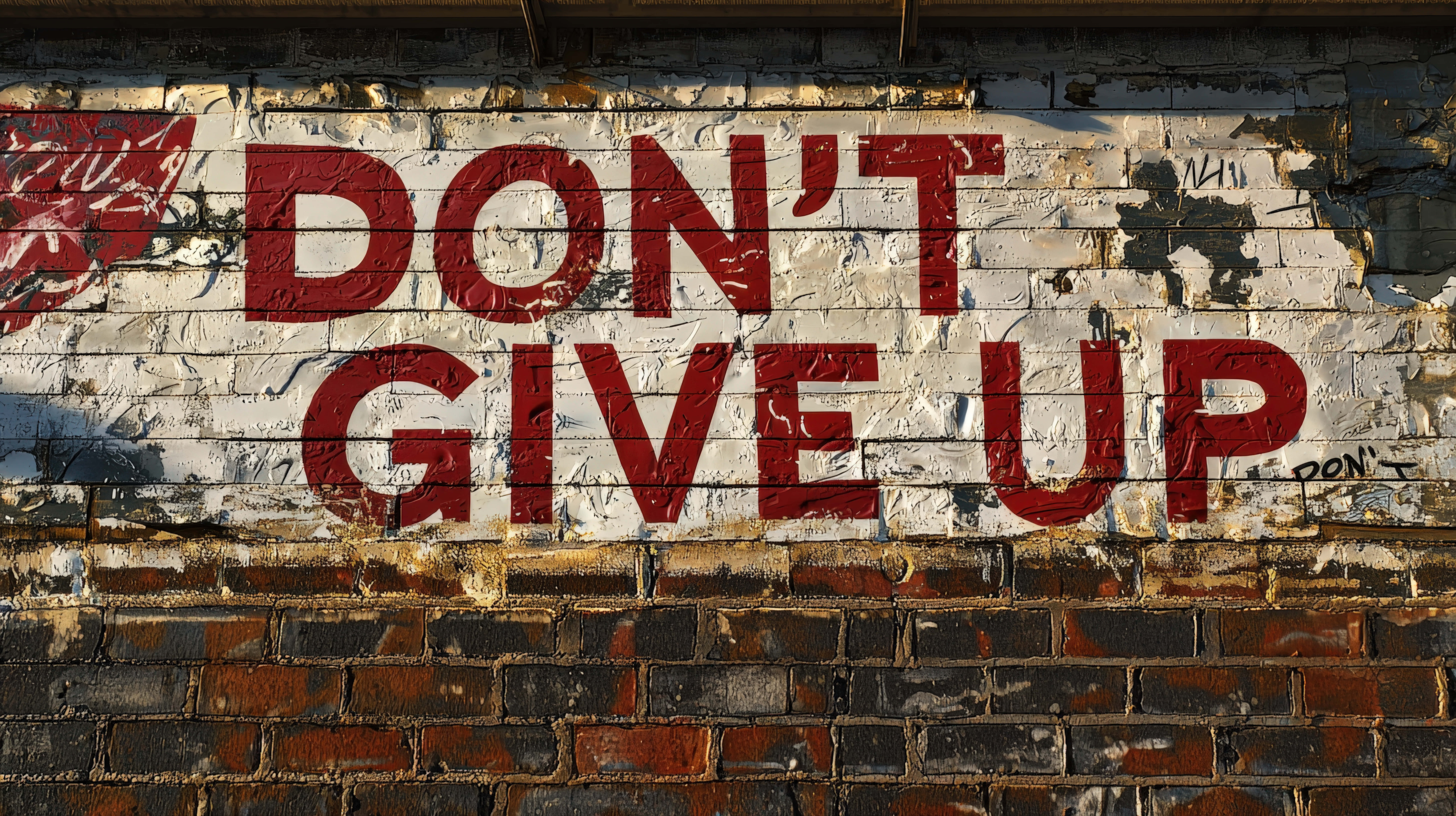 DON'T GIVE UP, bold red letters, worn brick wall, 8K Desktop Wallpaper