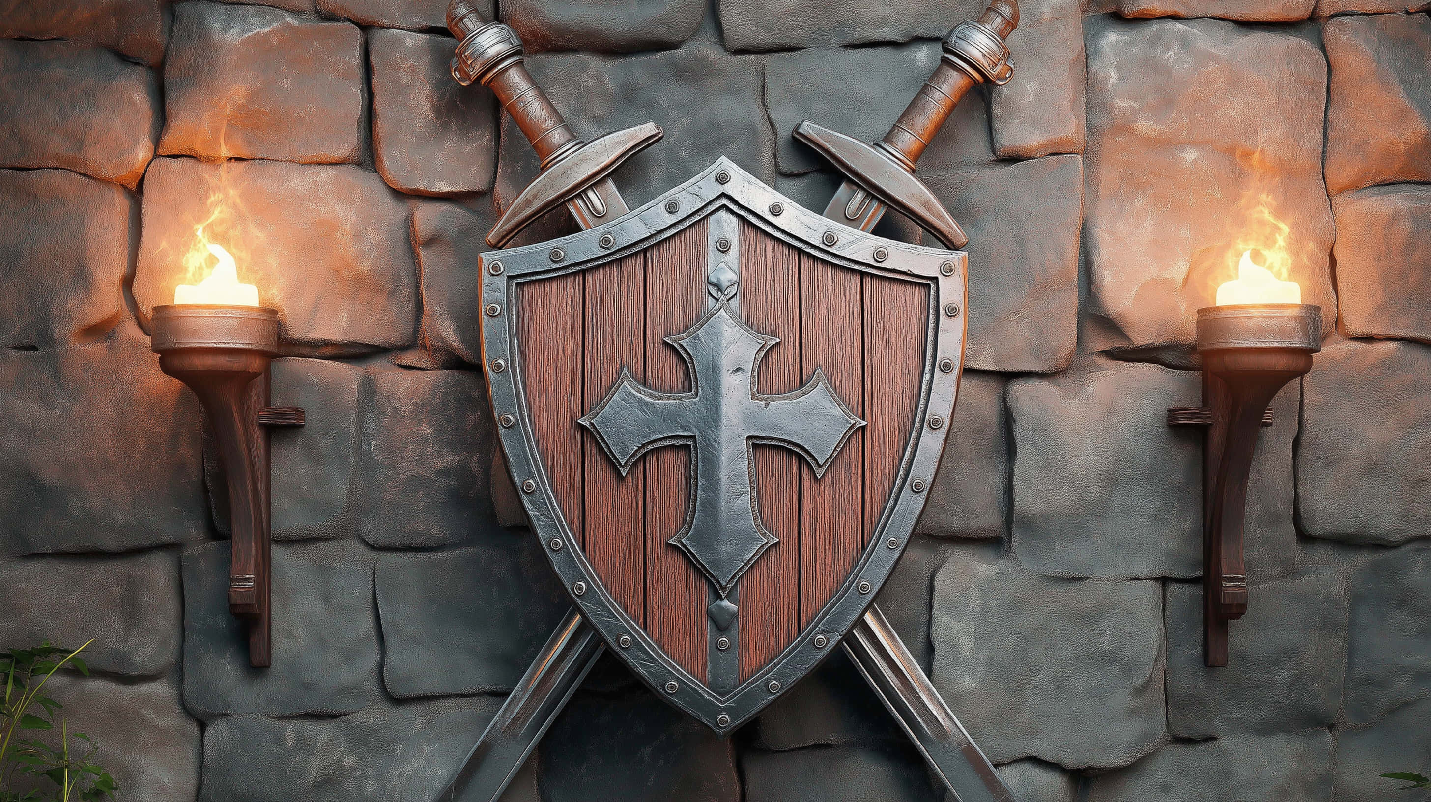 medieval shield, cross emblem, crossed swords, 2K Desktop Wallpaper