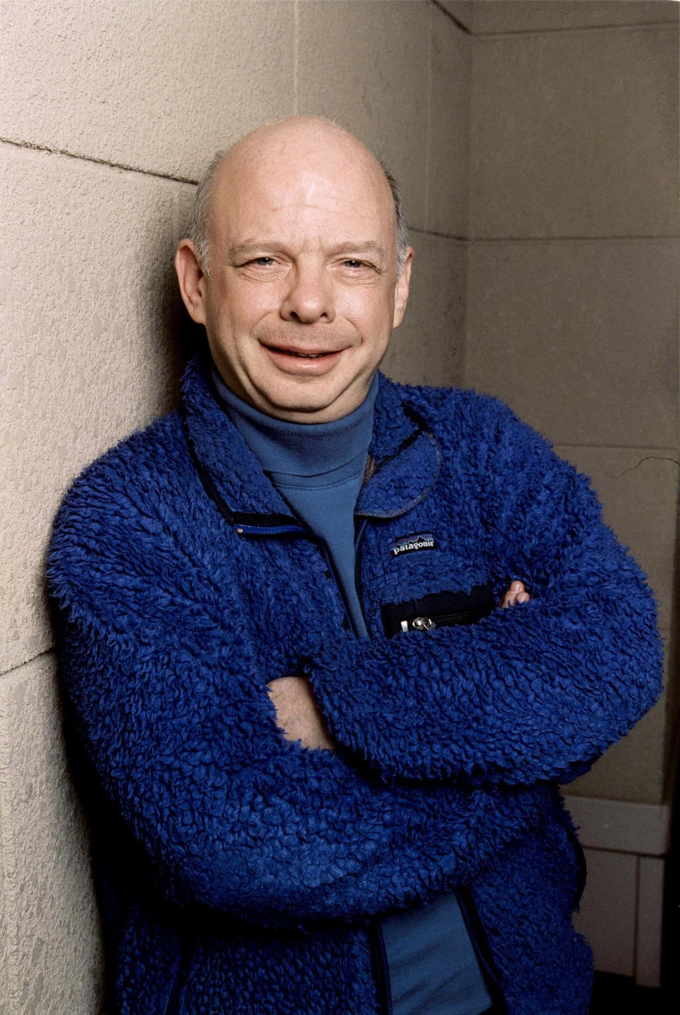 Wallace Shawn, blue fuzzy jacket, beige tiled wall, Full HD Phone Wallpaper