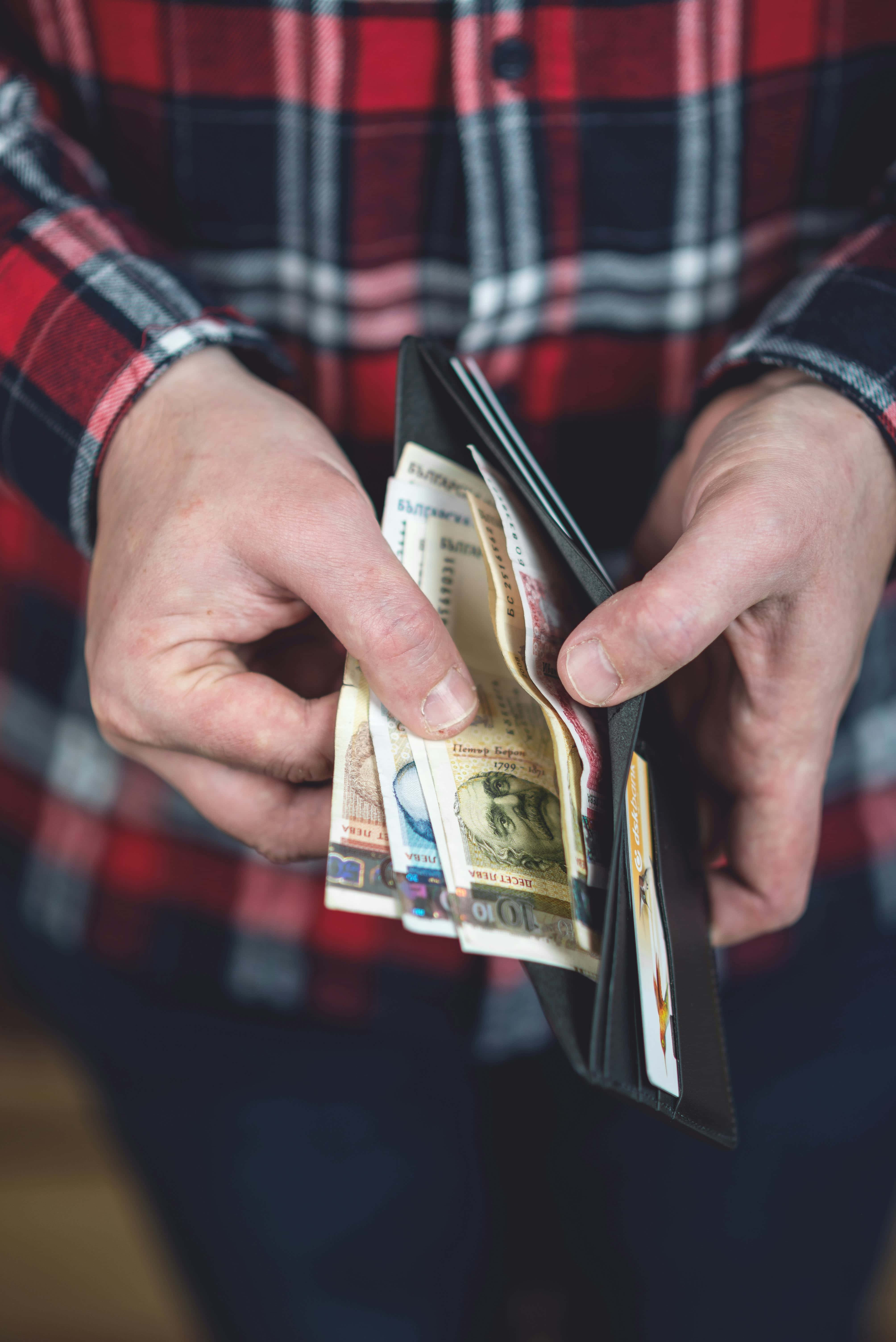 red plaid shirt, black wallet, cash, 5K Phone Wallpaper