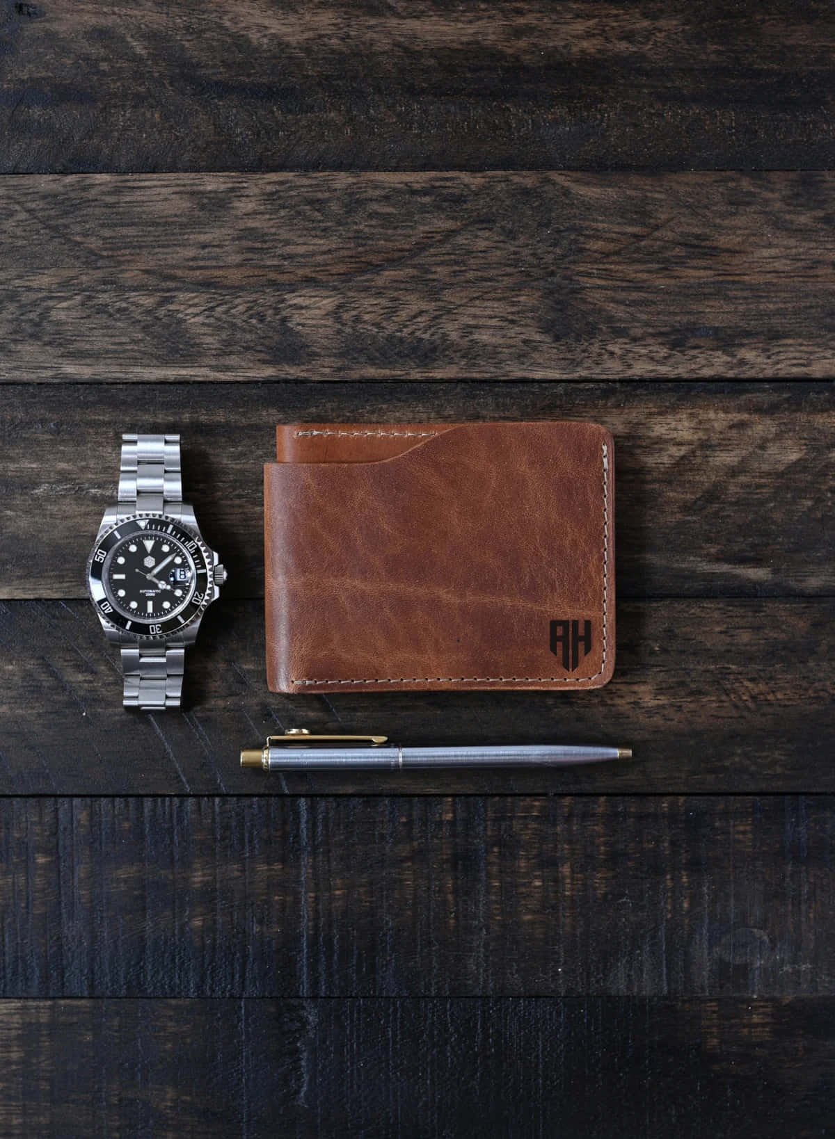 silver watch, brown leather wallet, metallic pen, HD Phone Wallpaper