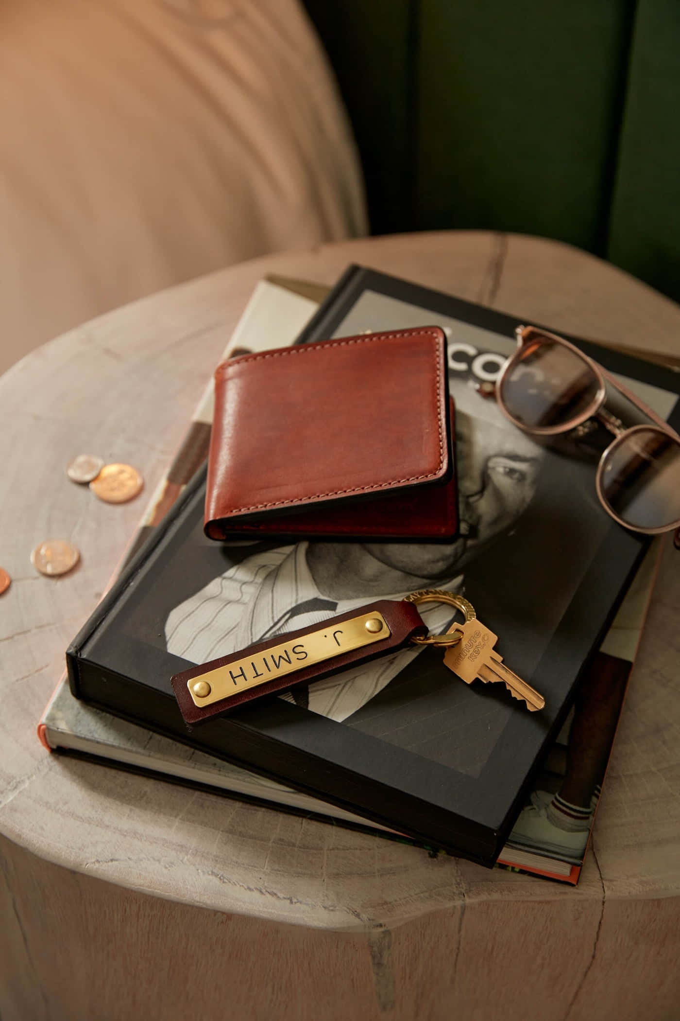 leather wallet, personalized keychain, rustic wooden table, Full HD Phone Wallpaper