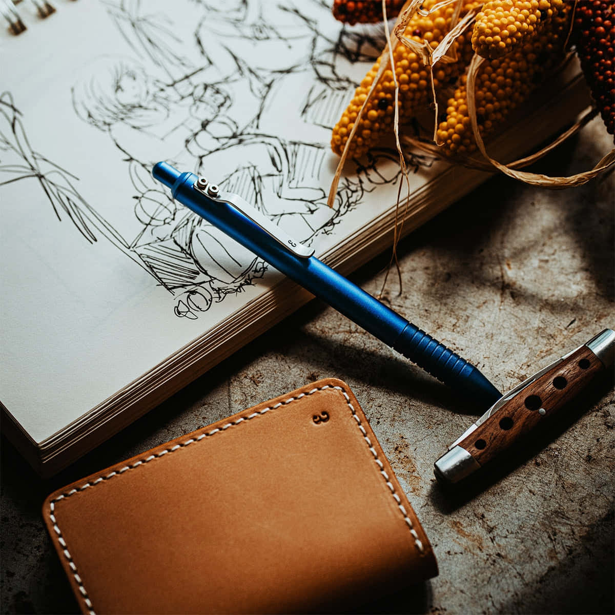 leather wallet, sketchbook, dried corn, SD Desktop Wallpaper