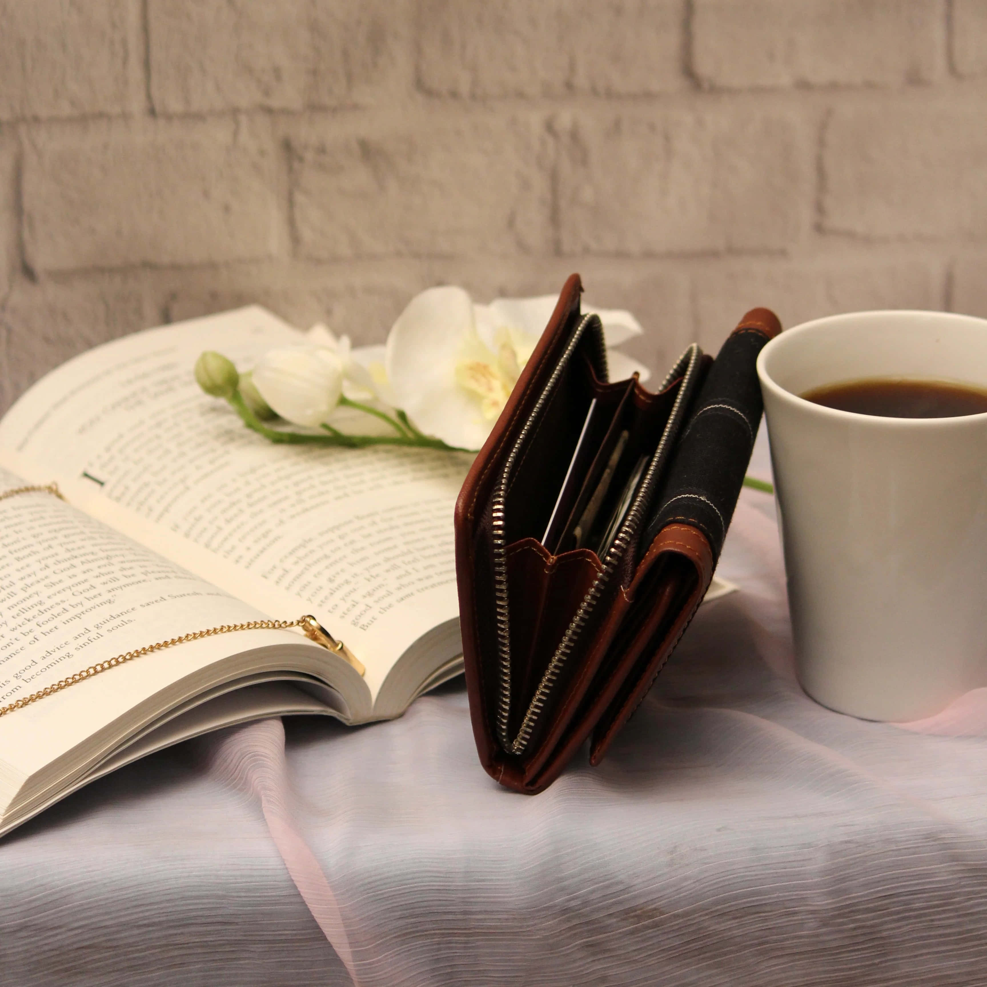 brown leather wallet, open book, white orchid, 2K Desktop Wallpaper