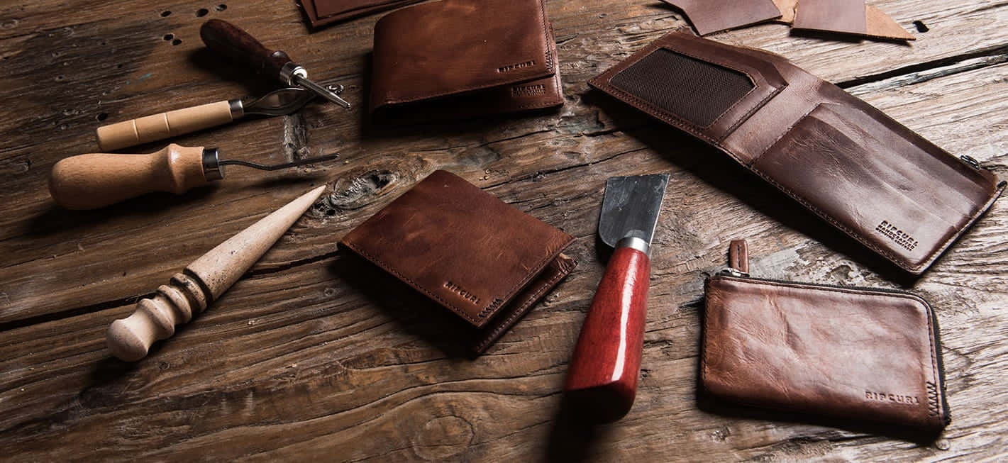 leather wallets, crafting tools, weathered wooden workbench, HD Desktop Wallpaper
