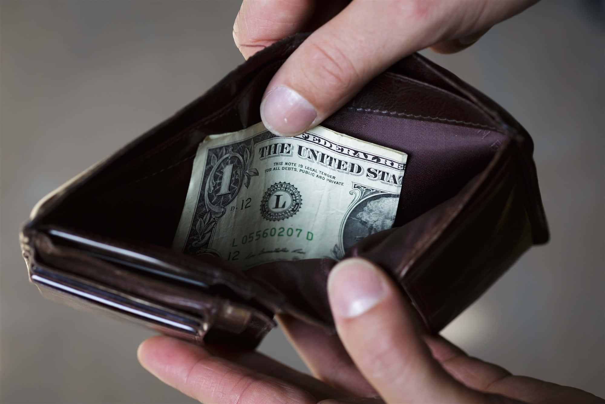 one dollar bill, brown leather wallet, hands, Full HD Desktop Wallpaper
