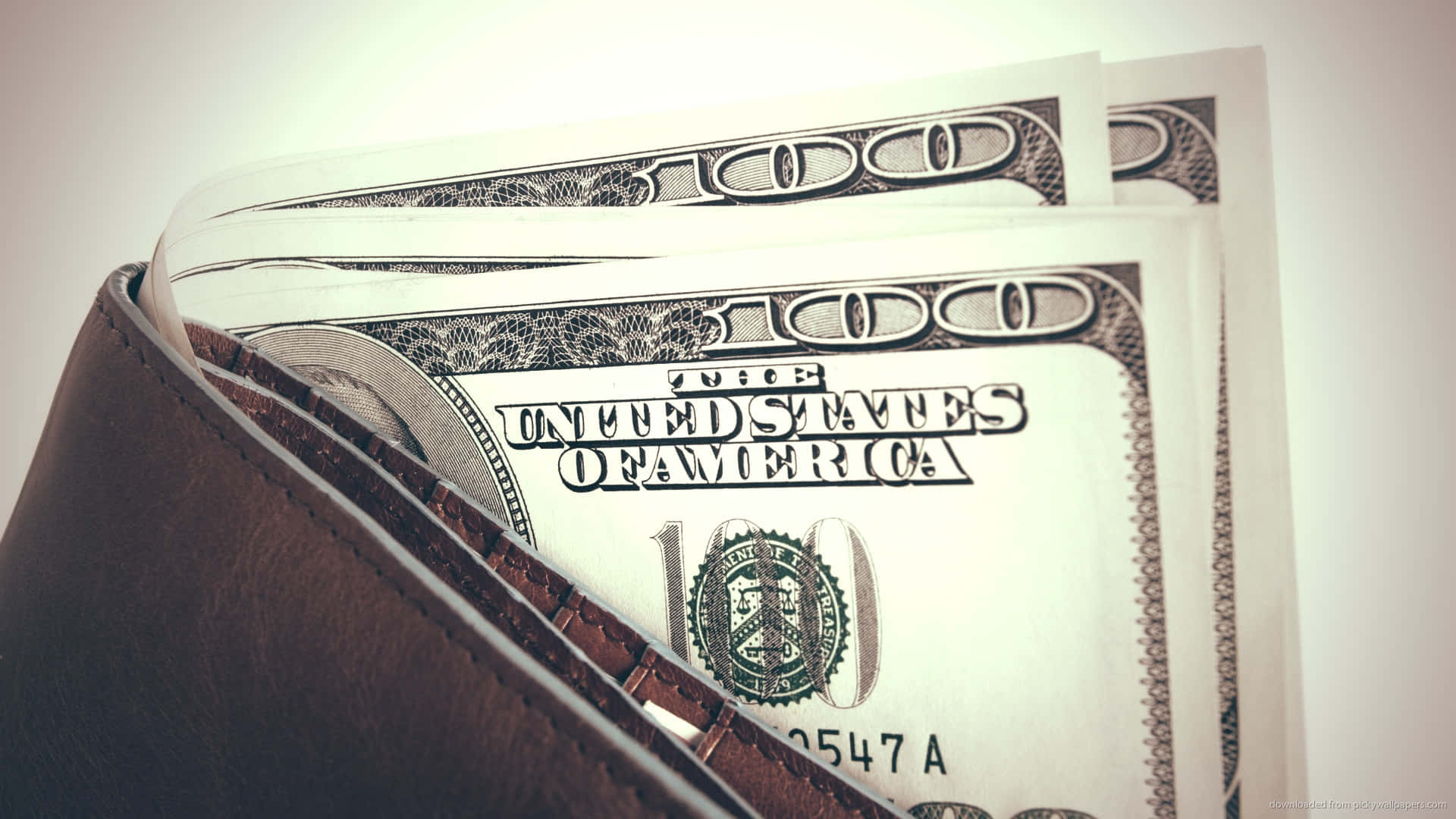brown leather wallet, crisp hundred-dollar bills, soft white background, Full HD Desktop Wallpaper