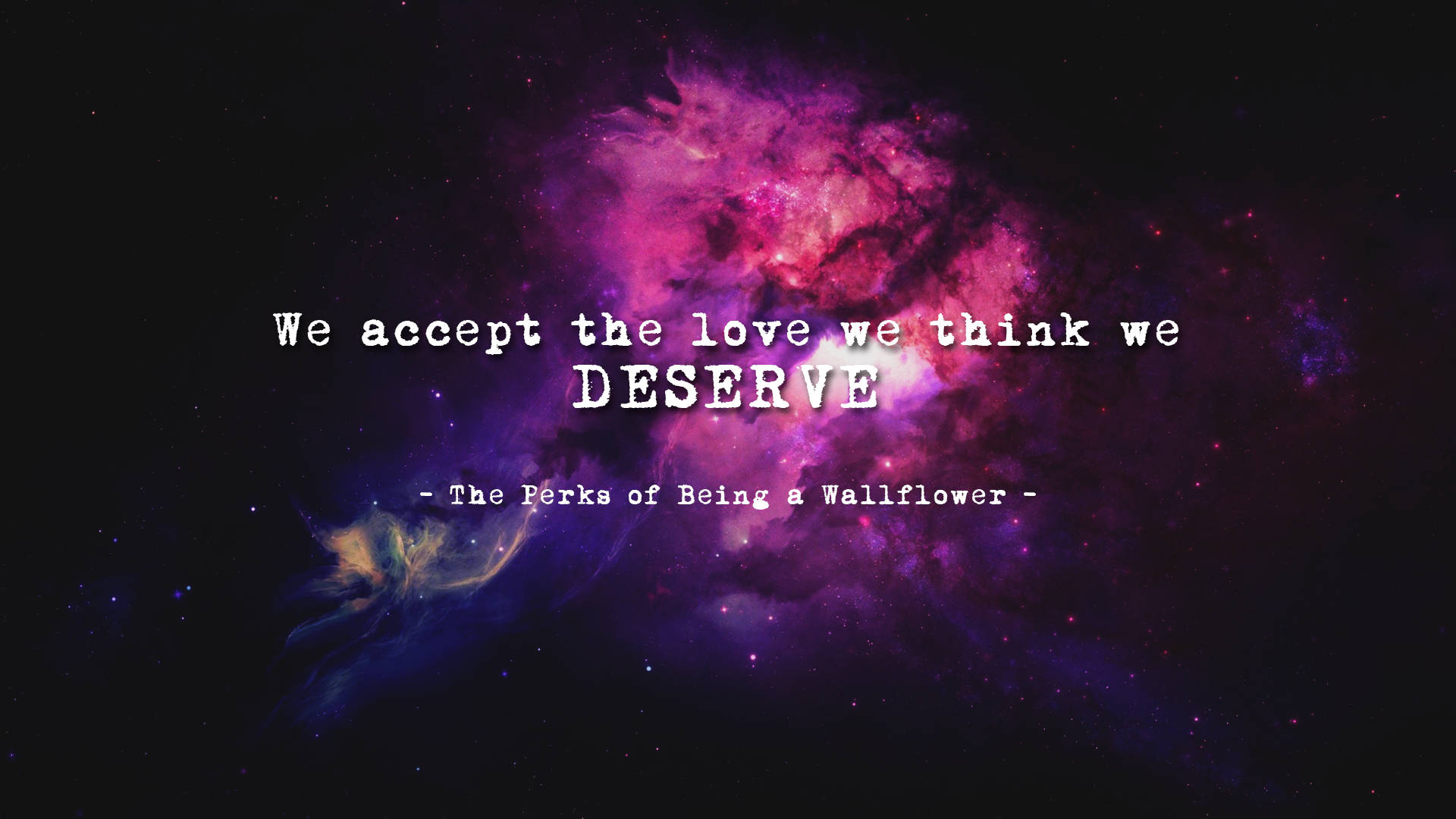 Wallflower, vibrant purple and pink cosmic nebula, white text overlay, Full HD Desktop Wallpaper