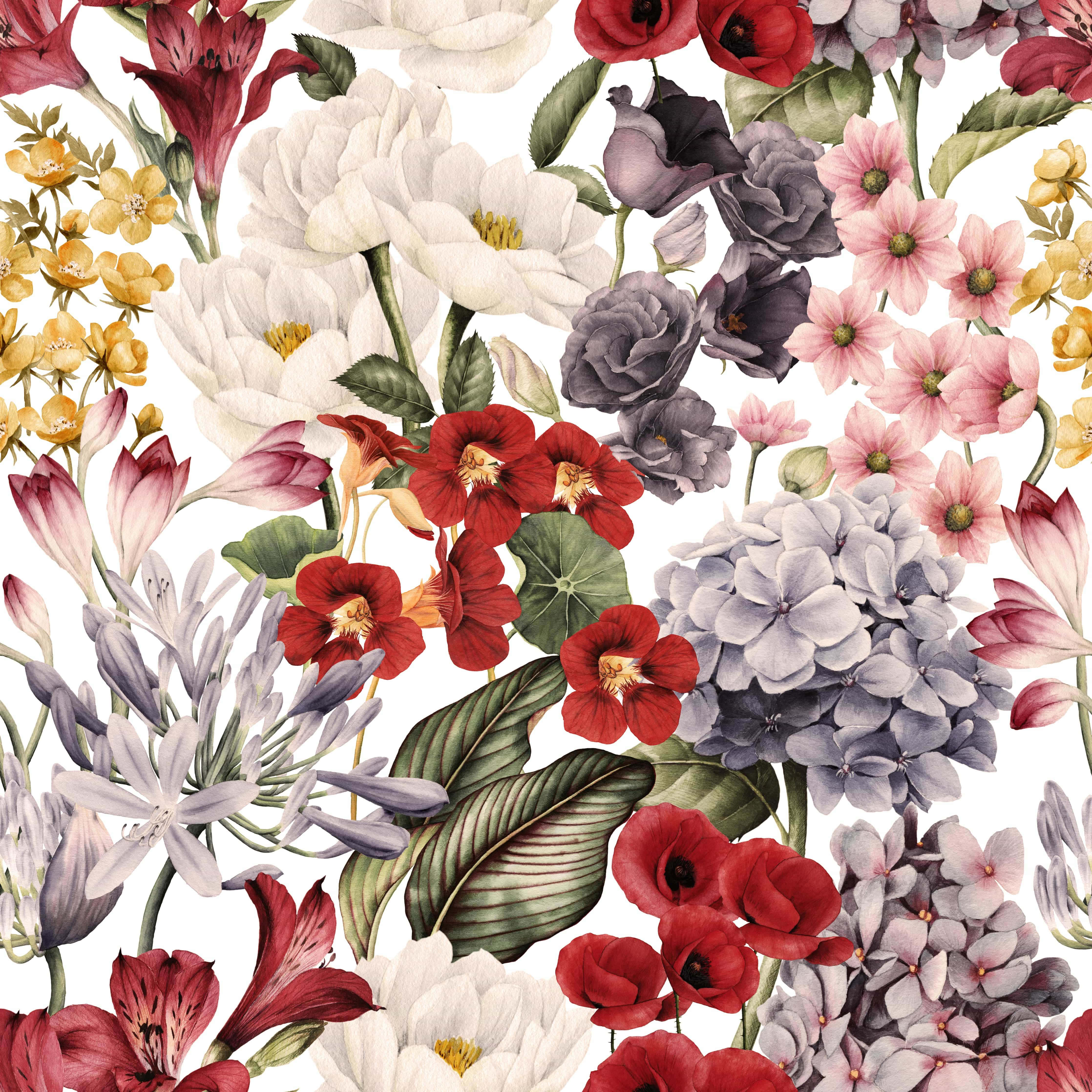 elegant retro floral wallpaper, red, white, 4K Desktop Wallpaper