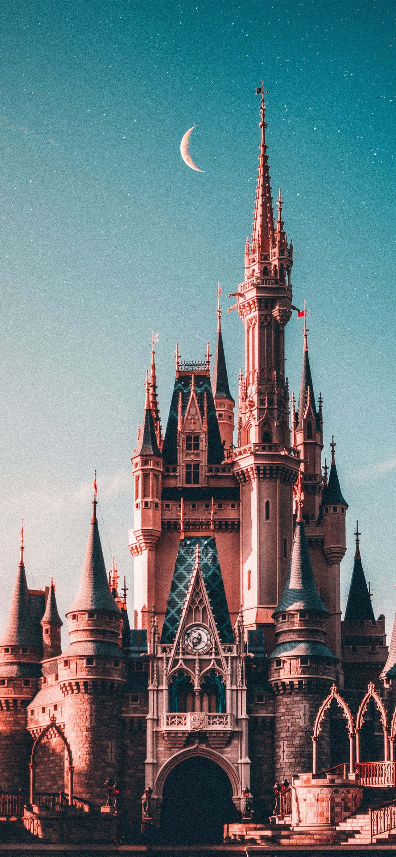 Disney World, castle, teal sky, 2K Phone Wallpaper
