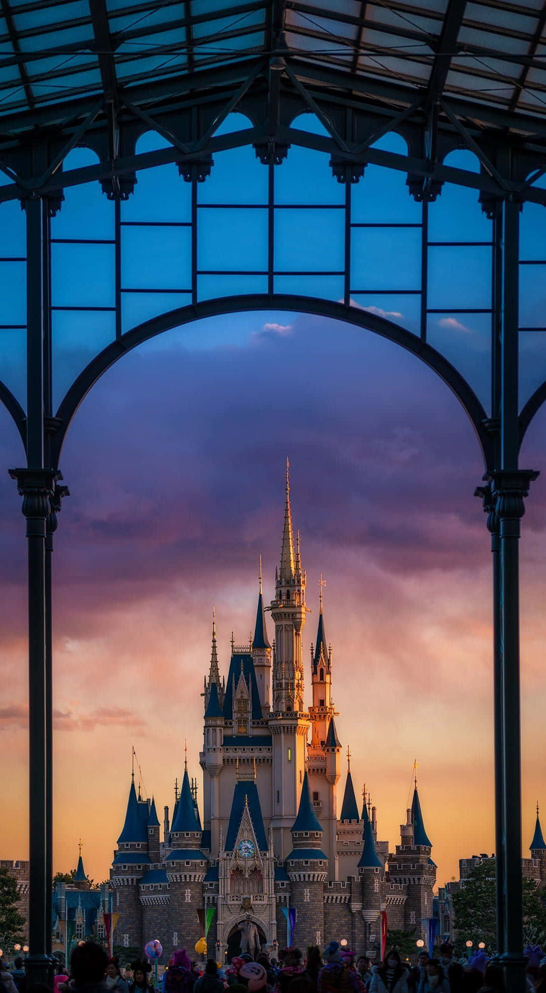 Disney World, castle, ornate glass and iron archway, Full HD Phone Wallpaper