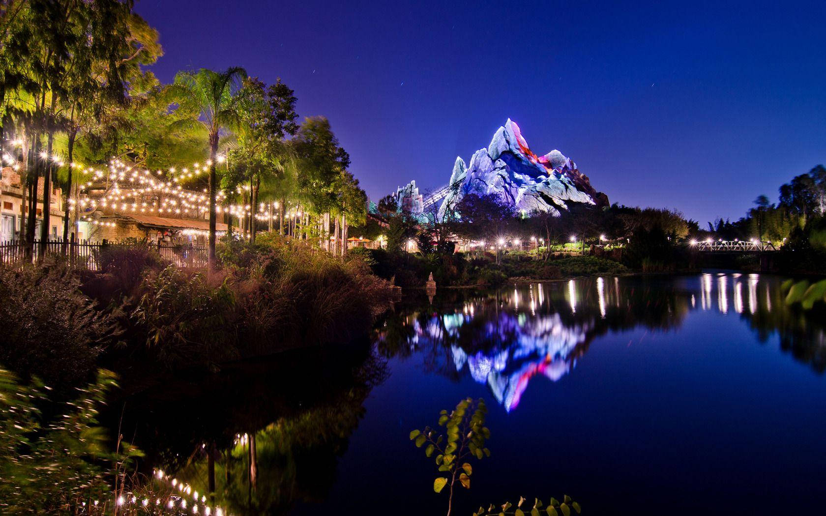 Walt Disney World, lake, snow-capped mountain, HD Desktop Wallpaper
