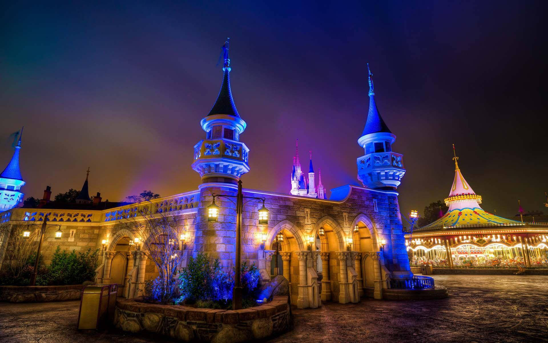 Walt Disney World, castle, blue spires, Full HD Desktop Wallpaper