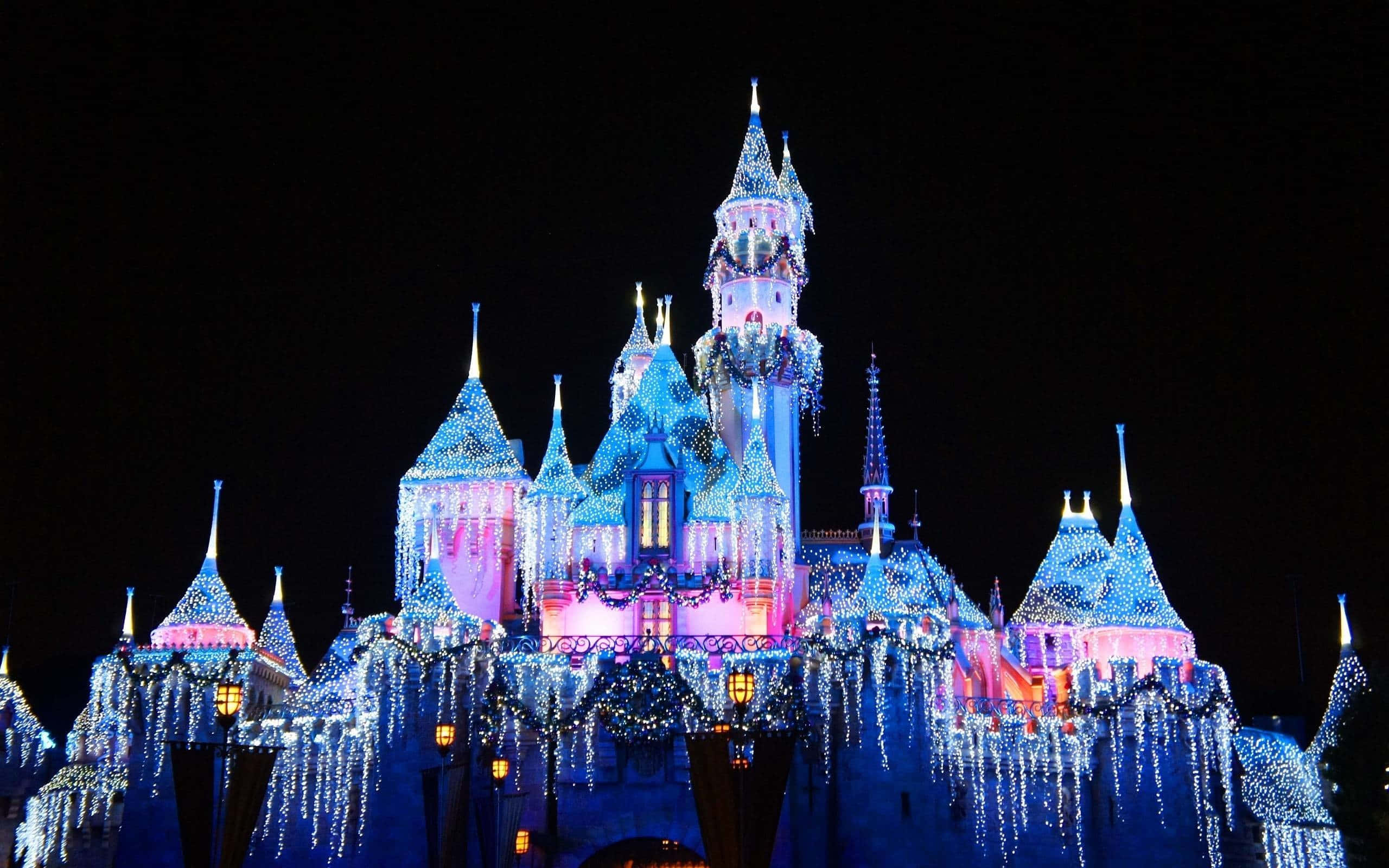 Walt Disney World, castle, blue lights, 2K Desktop Wallpaper