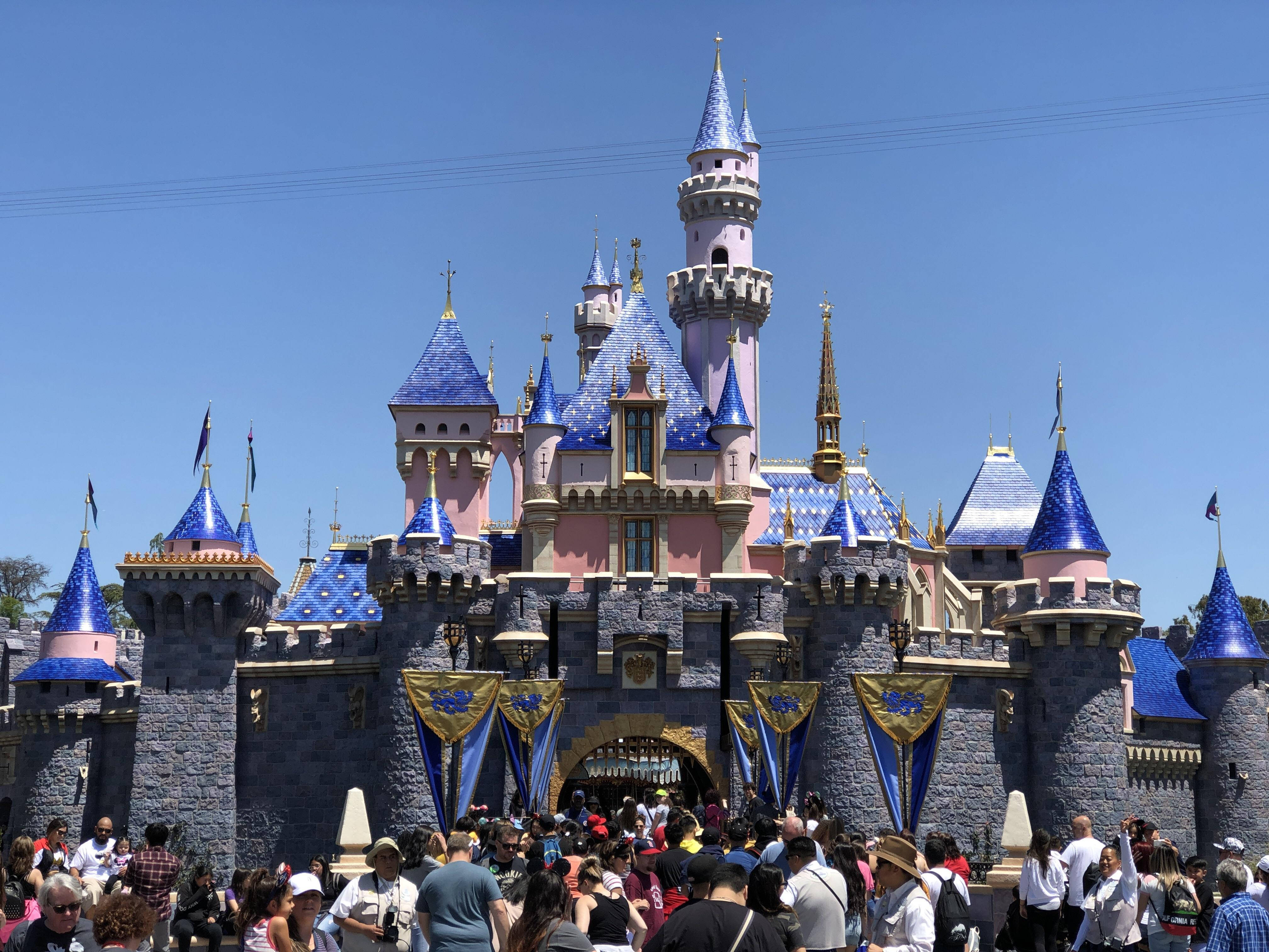 Walt Disney World, pink and blue castle, clear blue sky, 4K Desktop Wallpaper