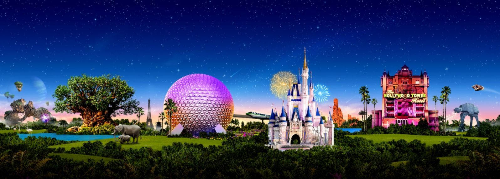 Walt Disney World, nighttime panorama, iconic landmarks, HD Desktop Wallpaper
