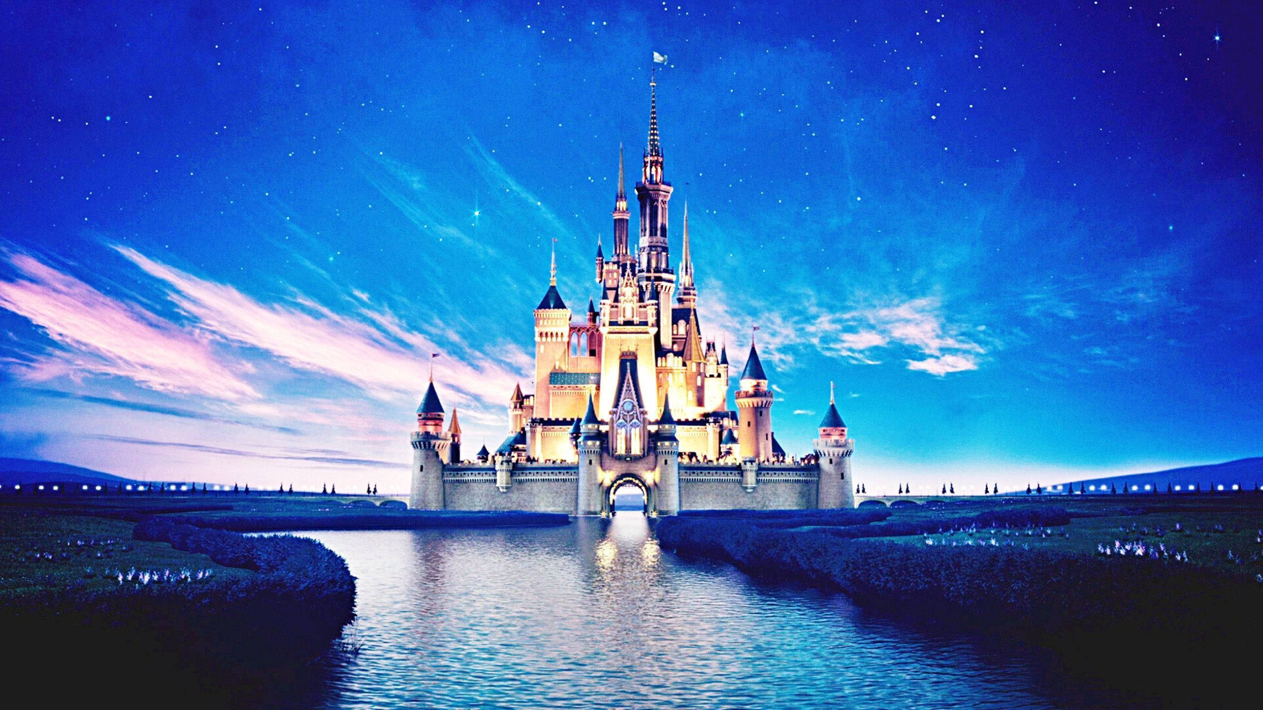 Walt Disney World, illuminated castle, starry twilight sky, 2K Desktop Wallpaper