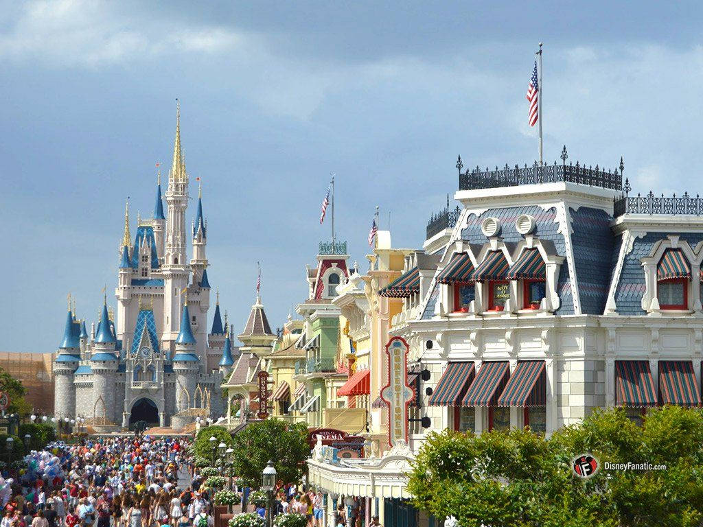Disney World, blue-roofed castle, colorful buildings, SD Desktop Wallpaper