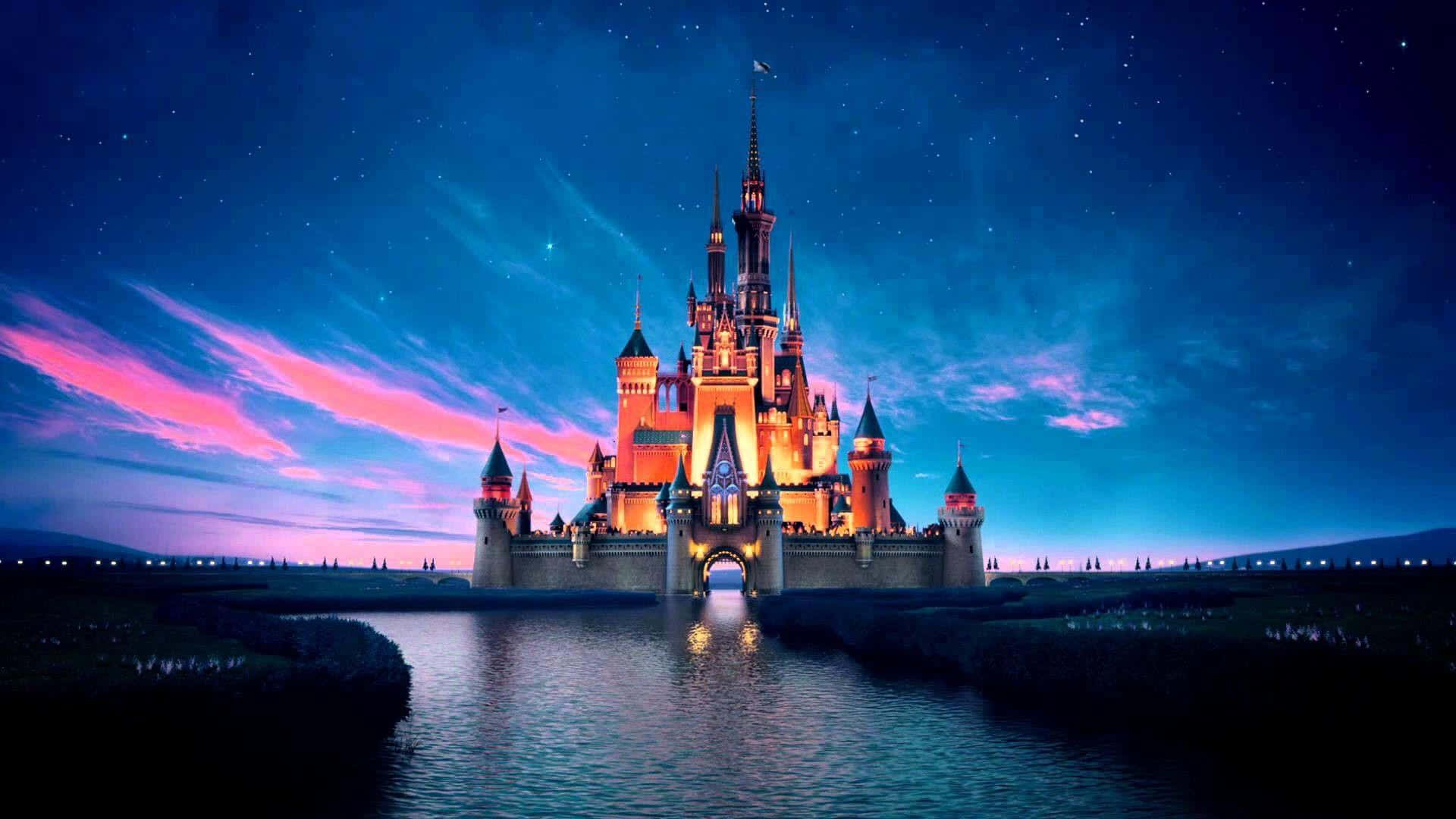 Disney World, illuminated castle, starry twilight sky, Full HD Desktop Wallpaper