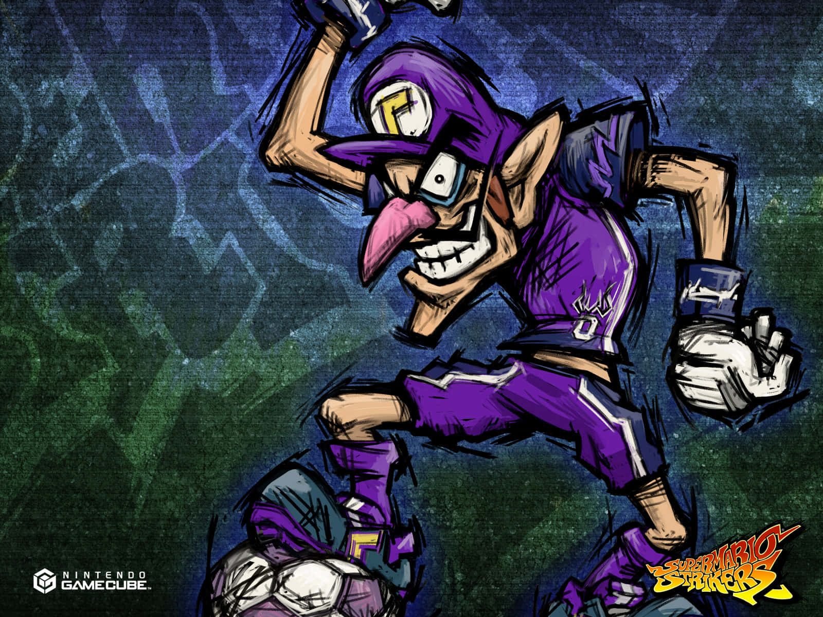 Waluigi, purple soccer pose, grinning expression, HD Desktop Wallpaper