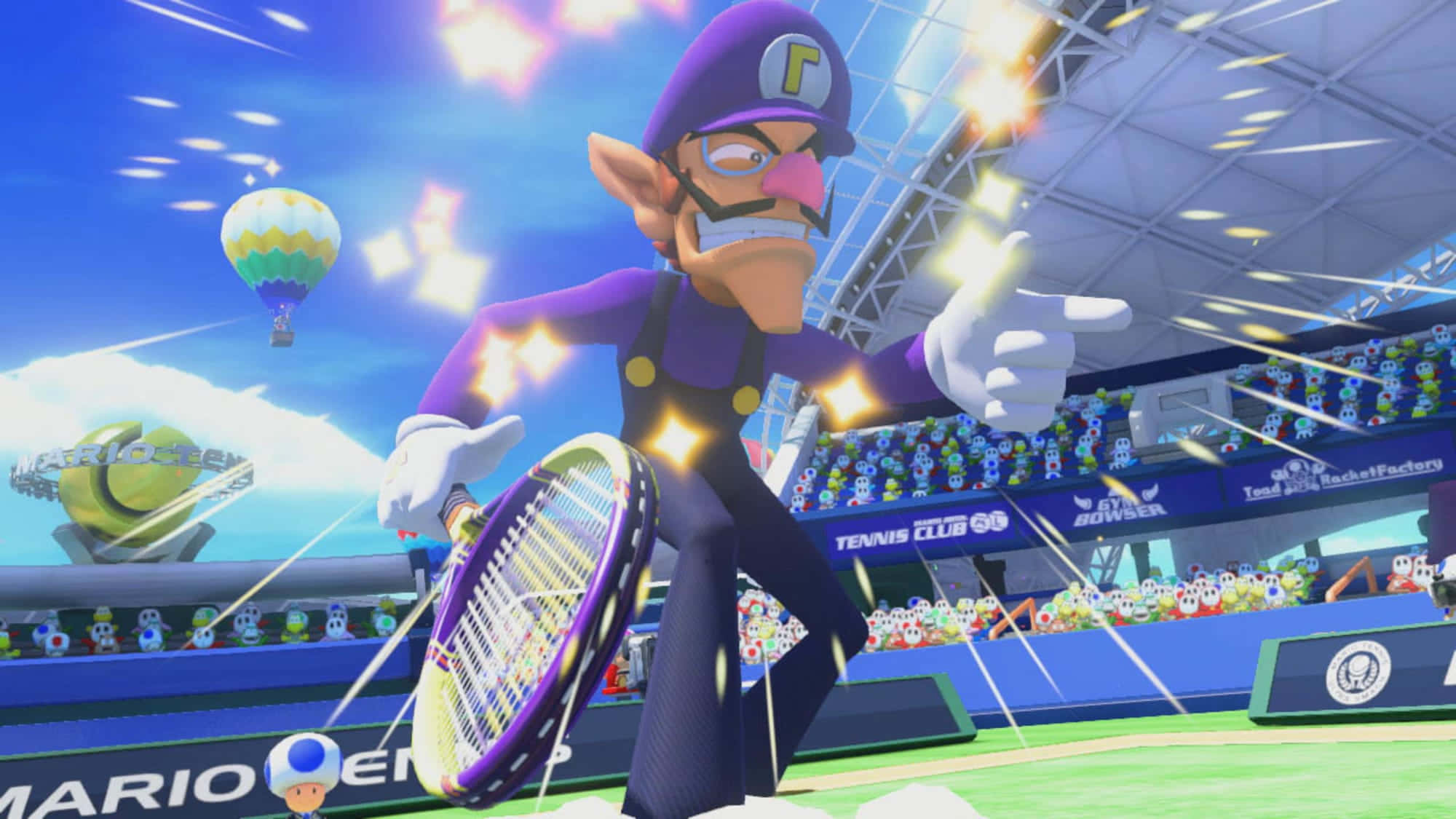 Waluigi, glowing racket, bright blue sky, Full HD Desktop Wallpaper